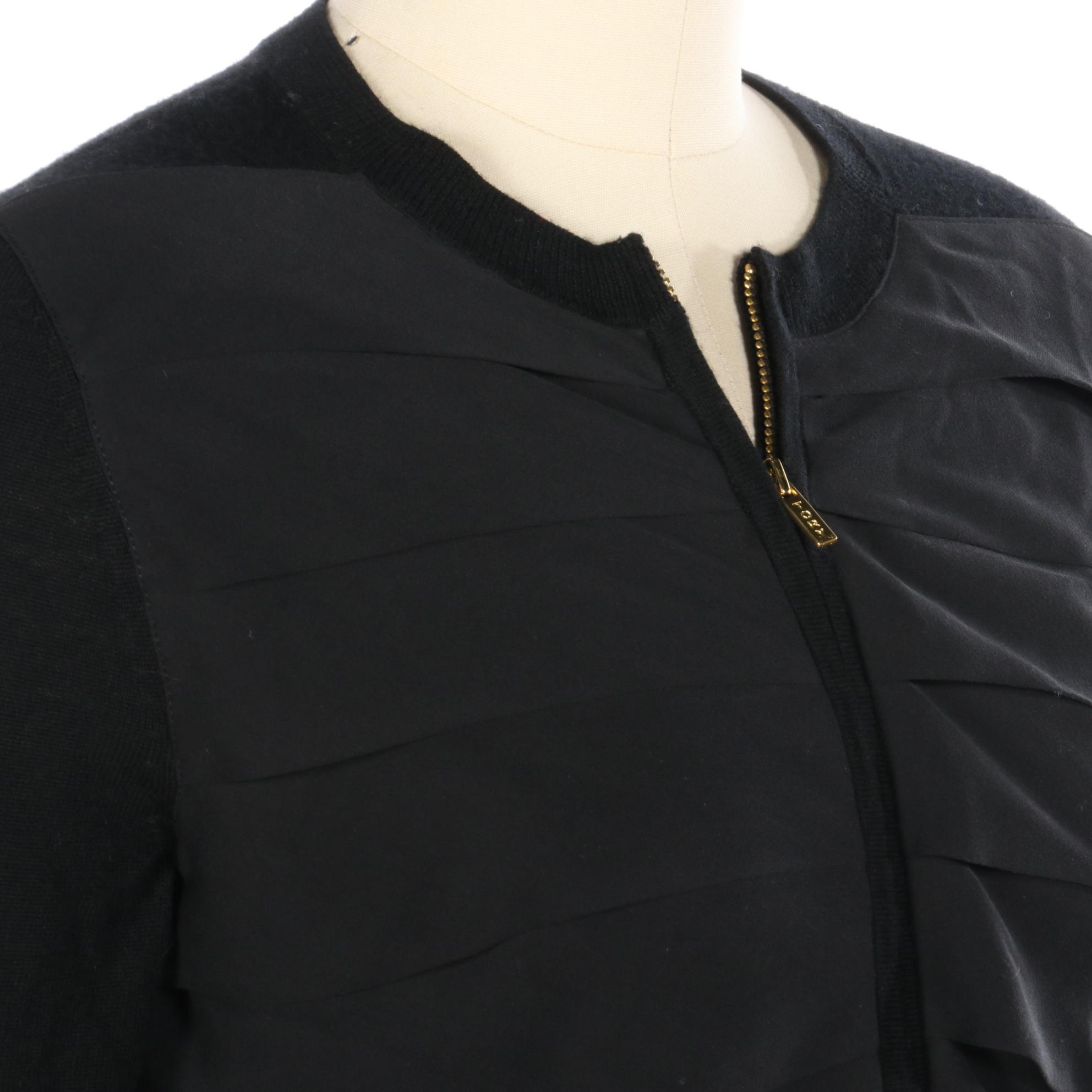 Tory Burch Zip Cardigan in Merino Wool with Silk Pleats