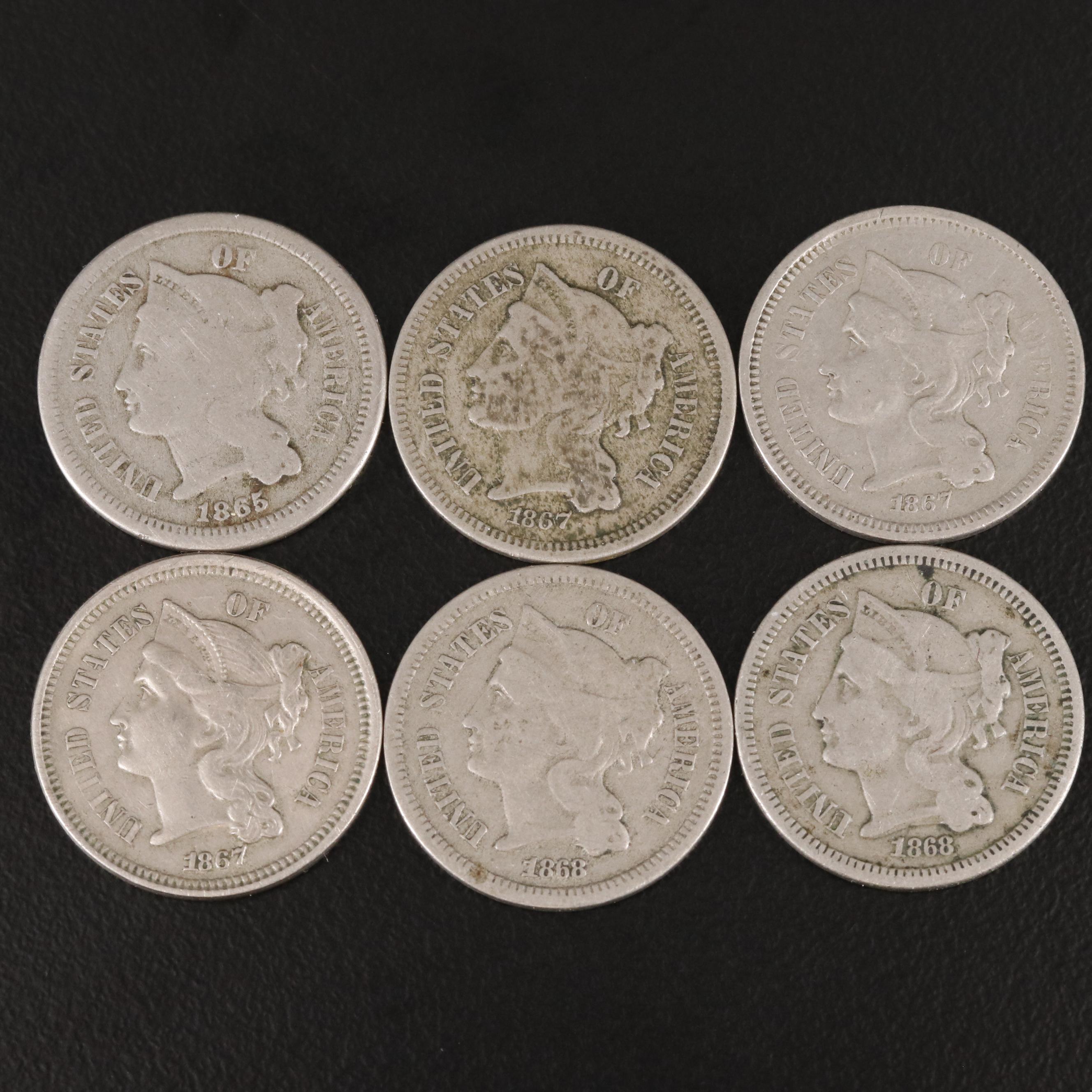 Group of Six Three Cent Nickel Coins