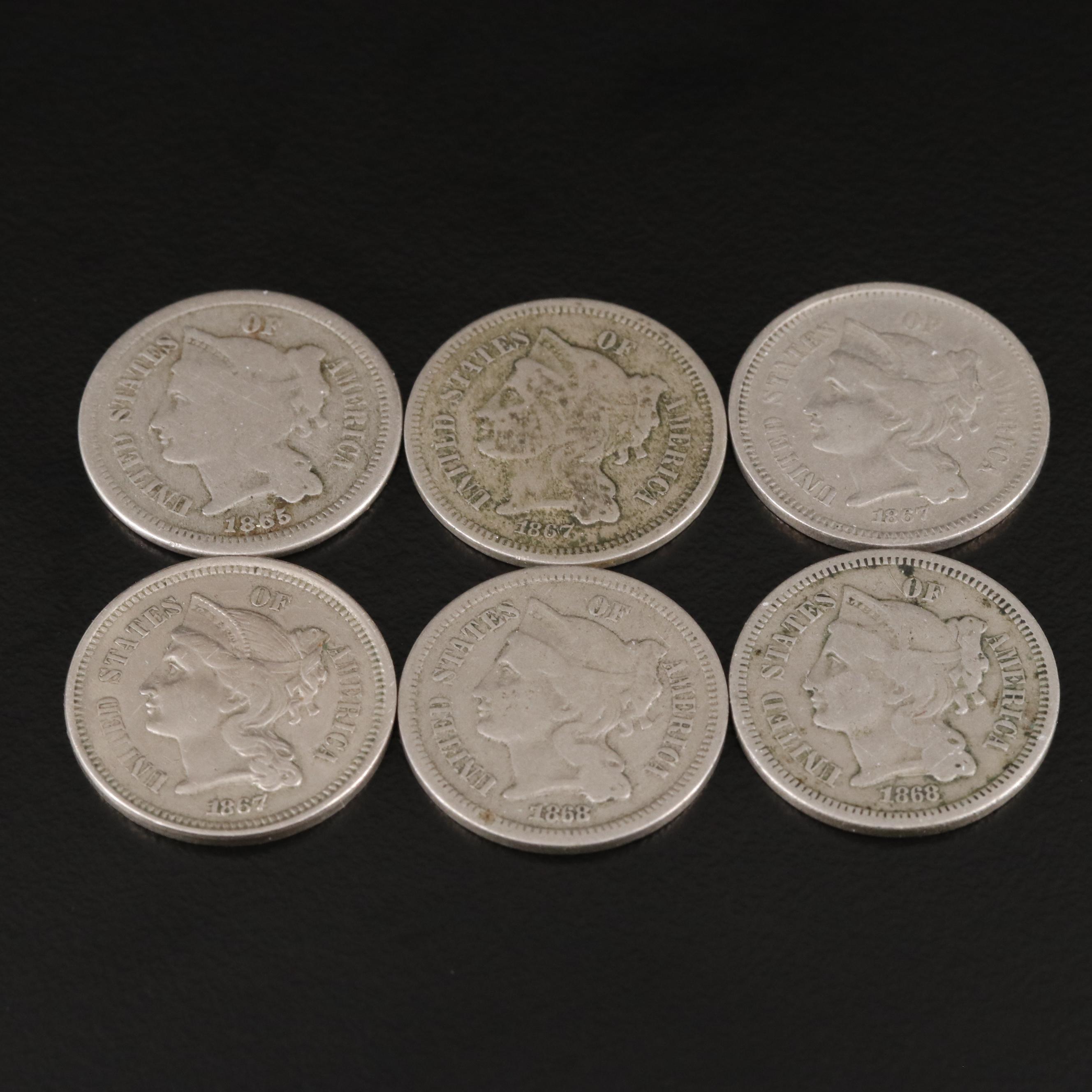 Group of Six Three Cent Nickel Coins