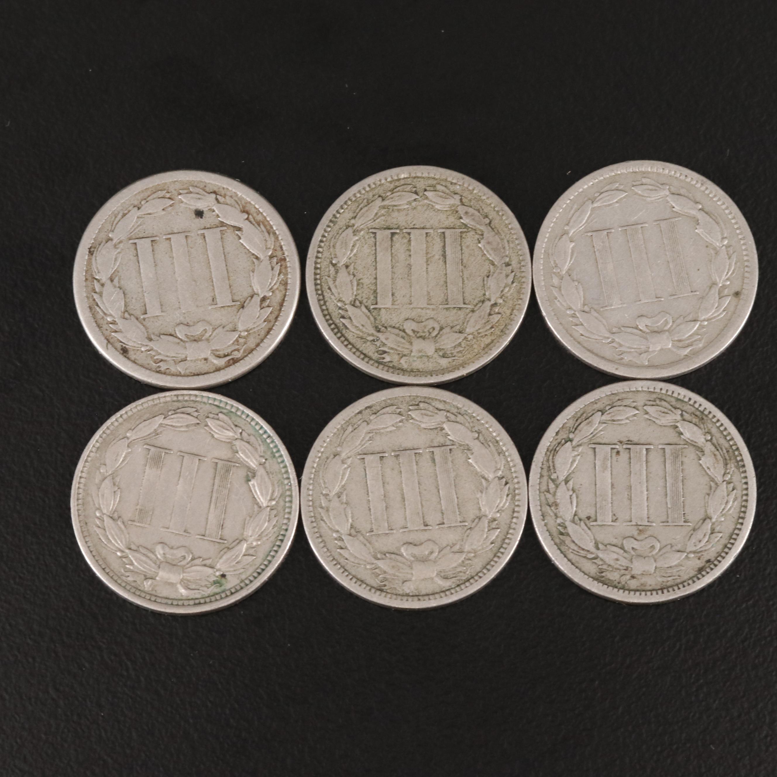 Group of Six Three Cent Nickel Coins