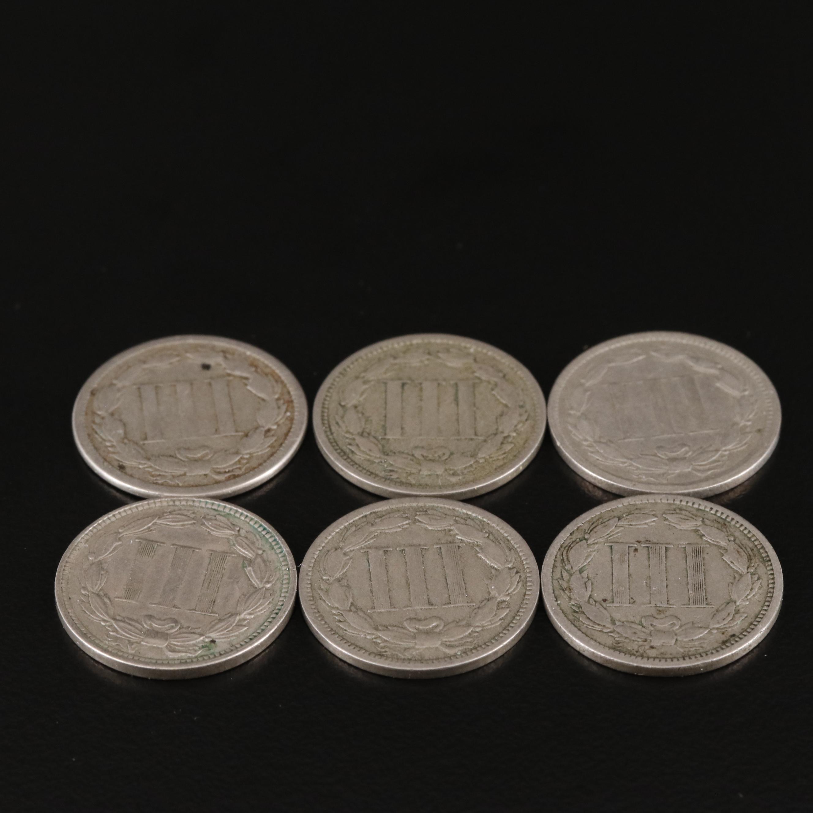 Group of Six Three Cent Nickel Coins