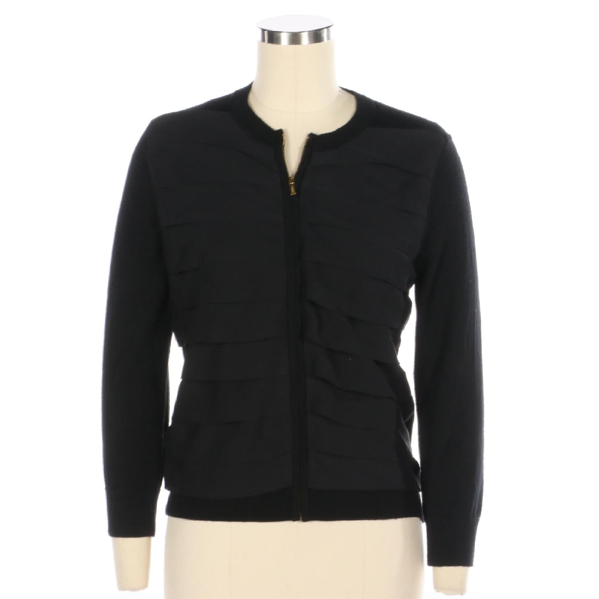 Tory Burch Zip Cardigan in Merino Wool with Silk Pleats