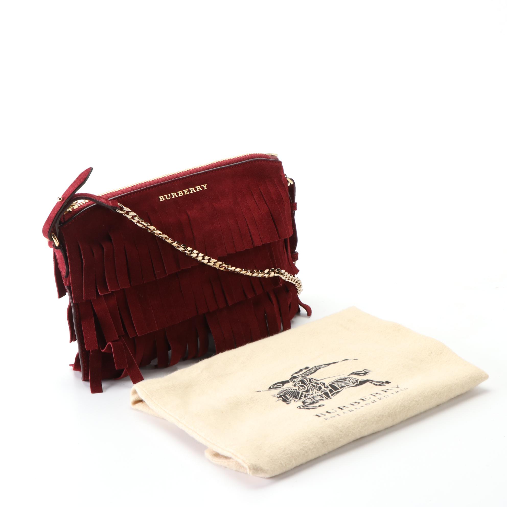 Burberry Peyton Crossbody Bag in Suede Fringe with Chain and Suede/Leather Strap