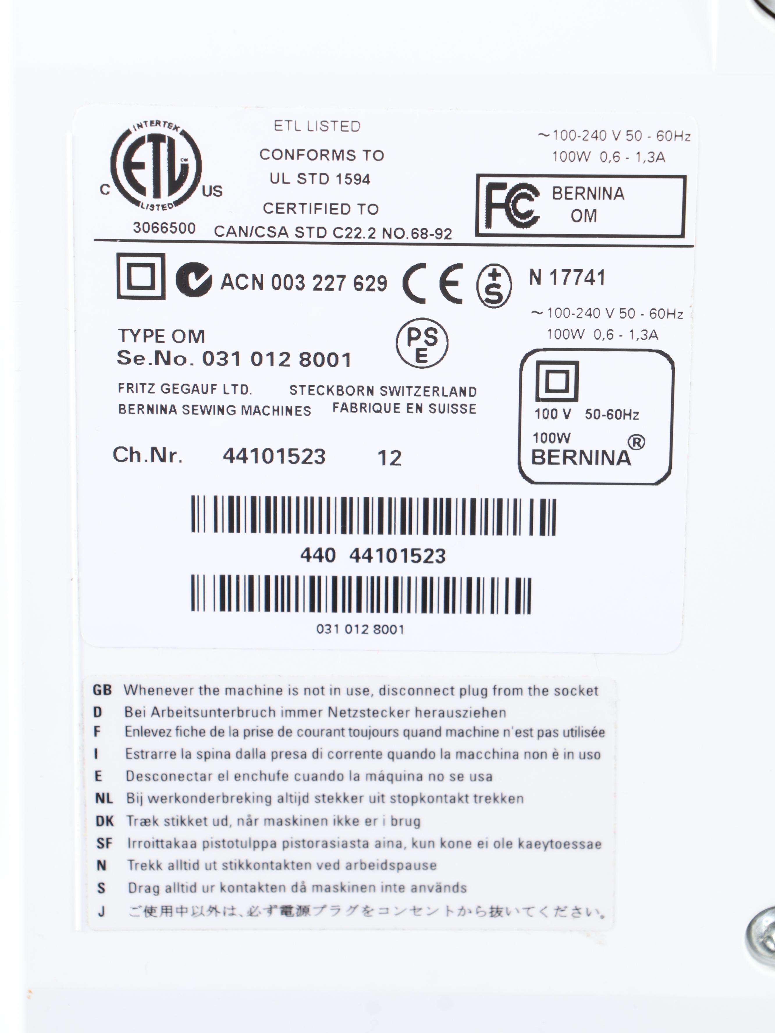 Bernina Aurora 440 Quilter's Edition Sewing Machine with Manual and Accessories