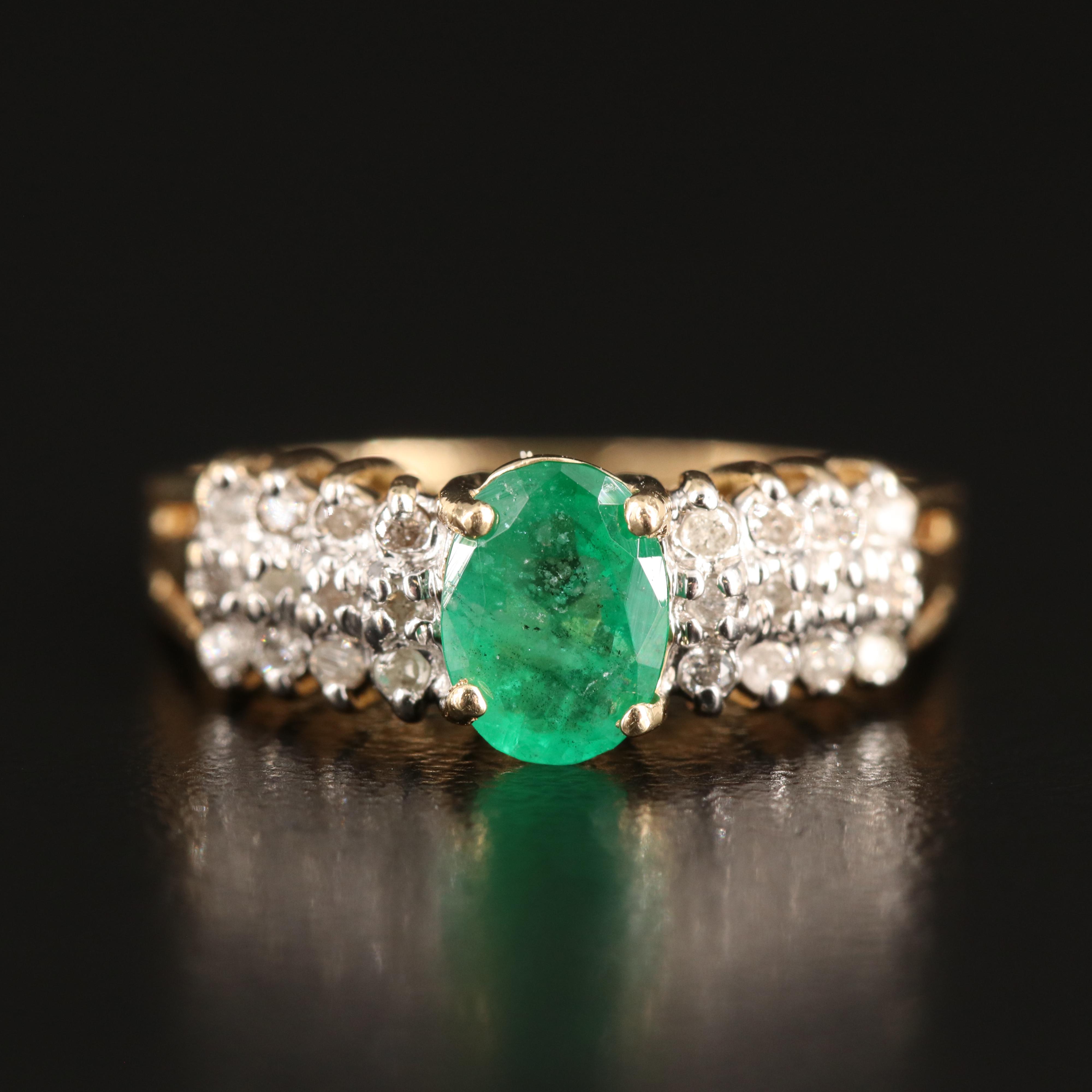 14K Emerald and Diamond Stepped Ring