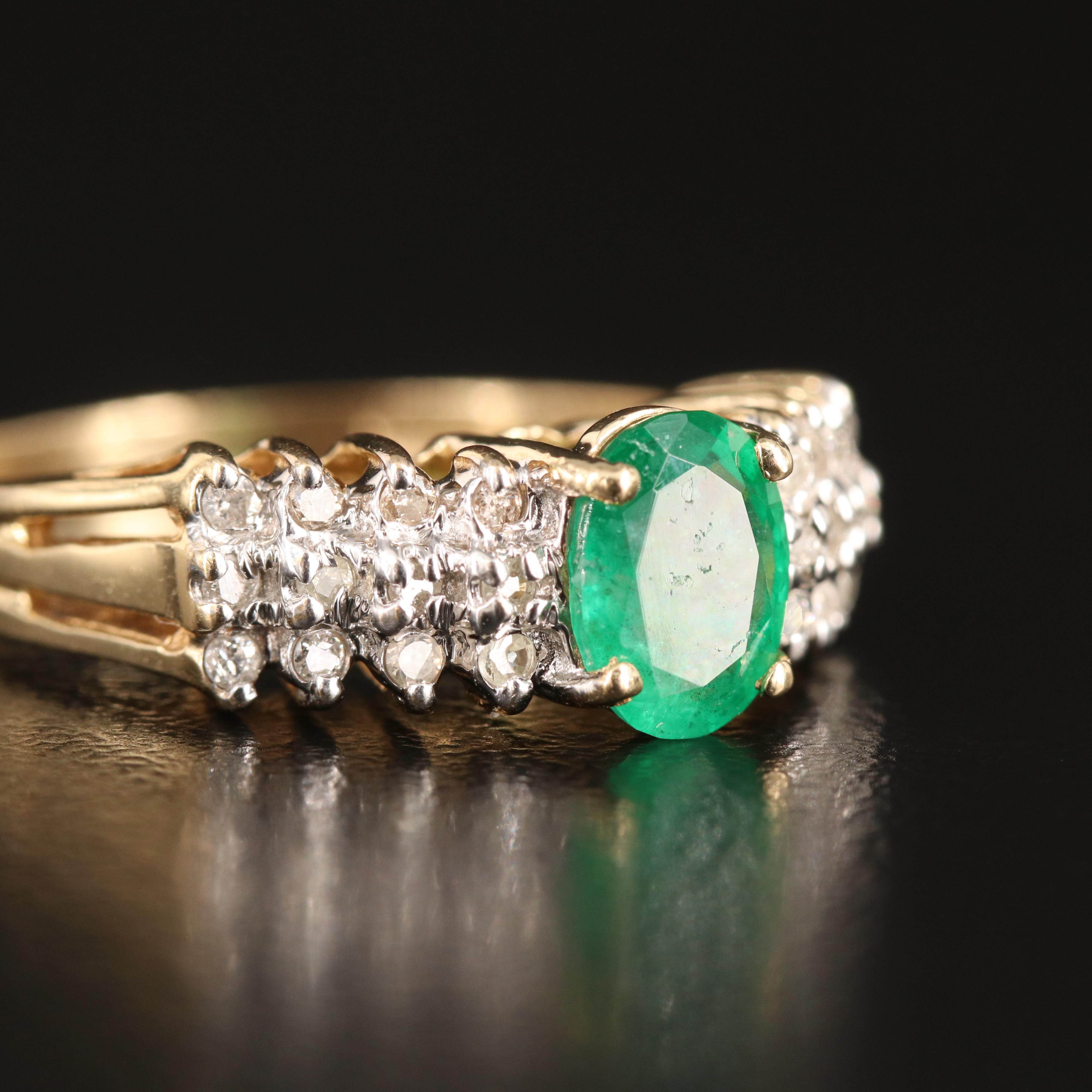 14K Emerald and Diamond Stepped Ring