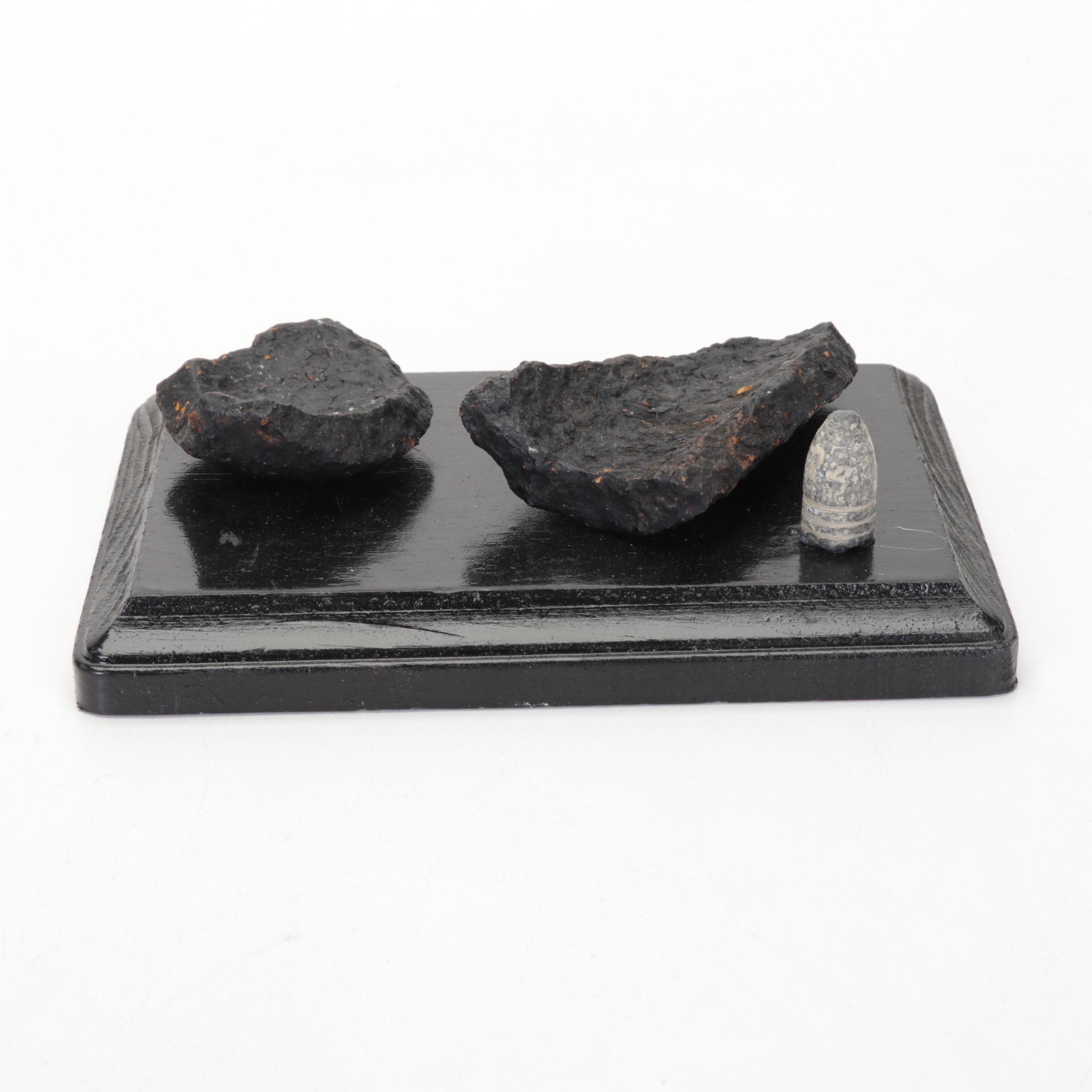 Civil War Cannonball Shrapnel and Bullets on Wooden Bases From V.A. and N.C.