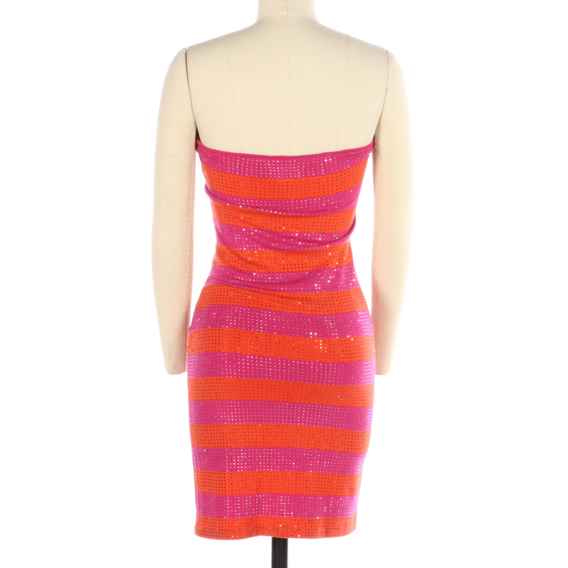 Embellished Striped Knit Bodycon Strapless Dress