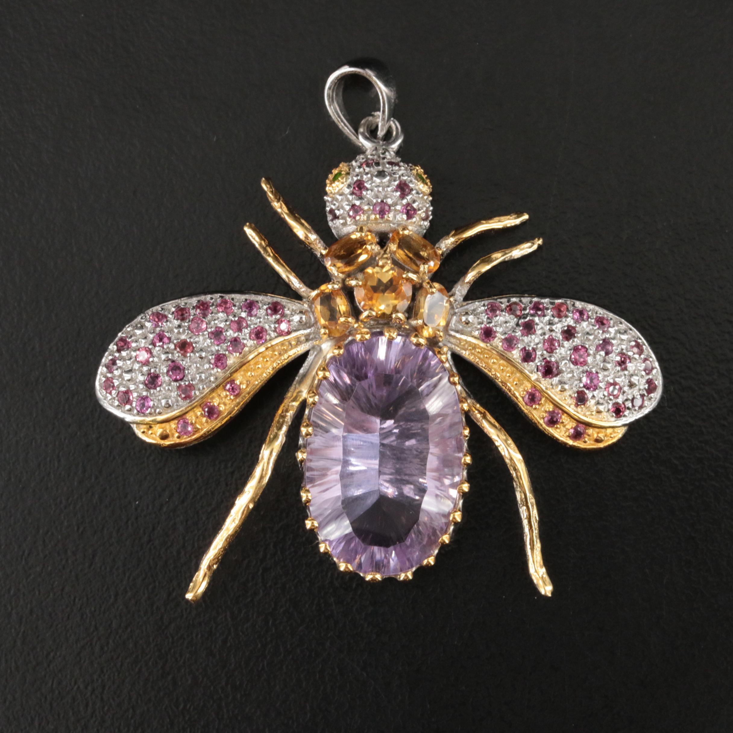 Sterling Amethyst, Citrine and Garnet Insect Pendant
