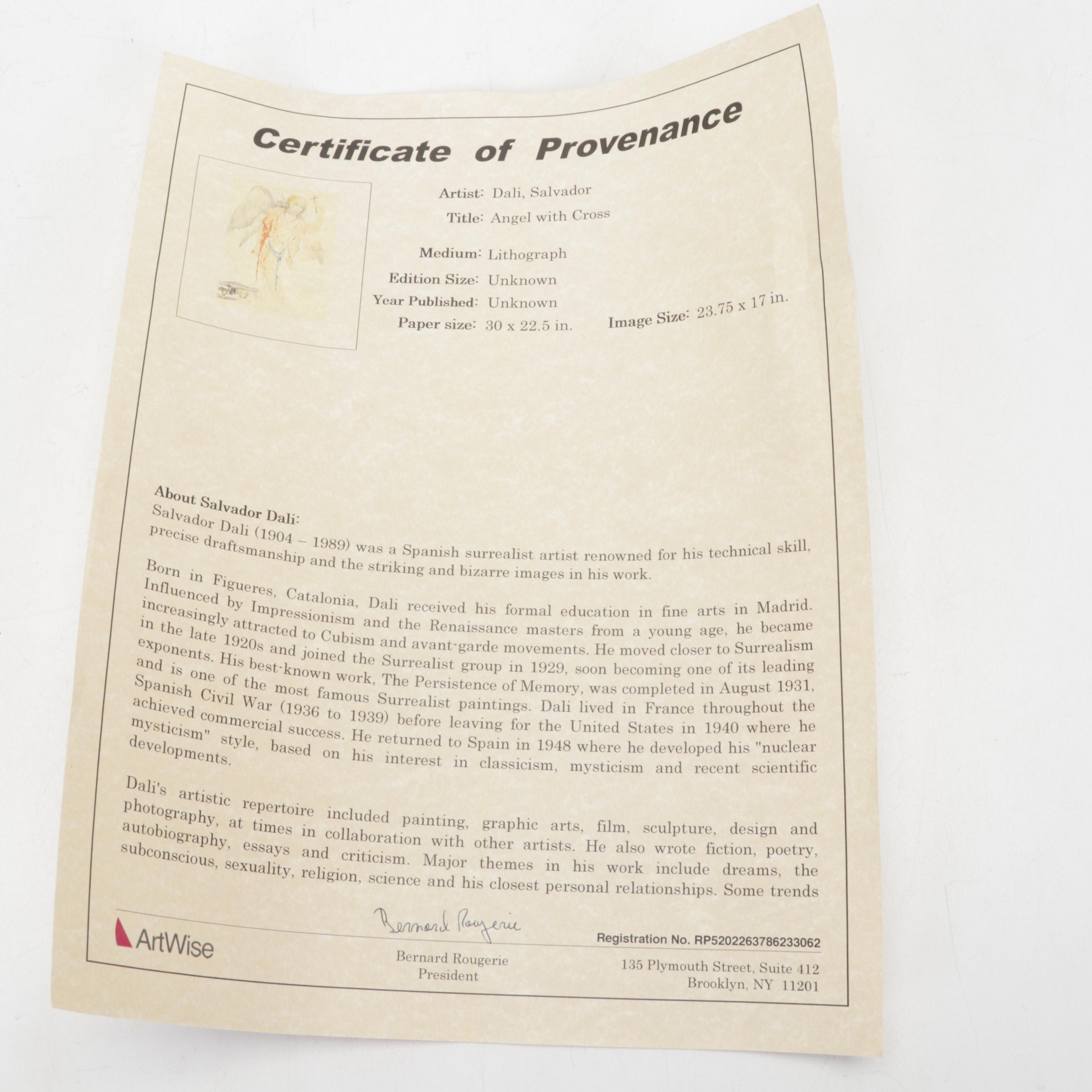 Lithograph After Salvador Dalí "Angel With Cross," Circa 2000