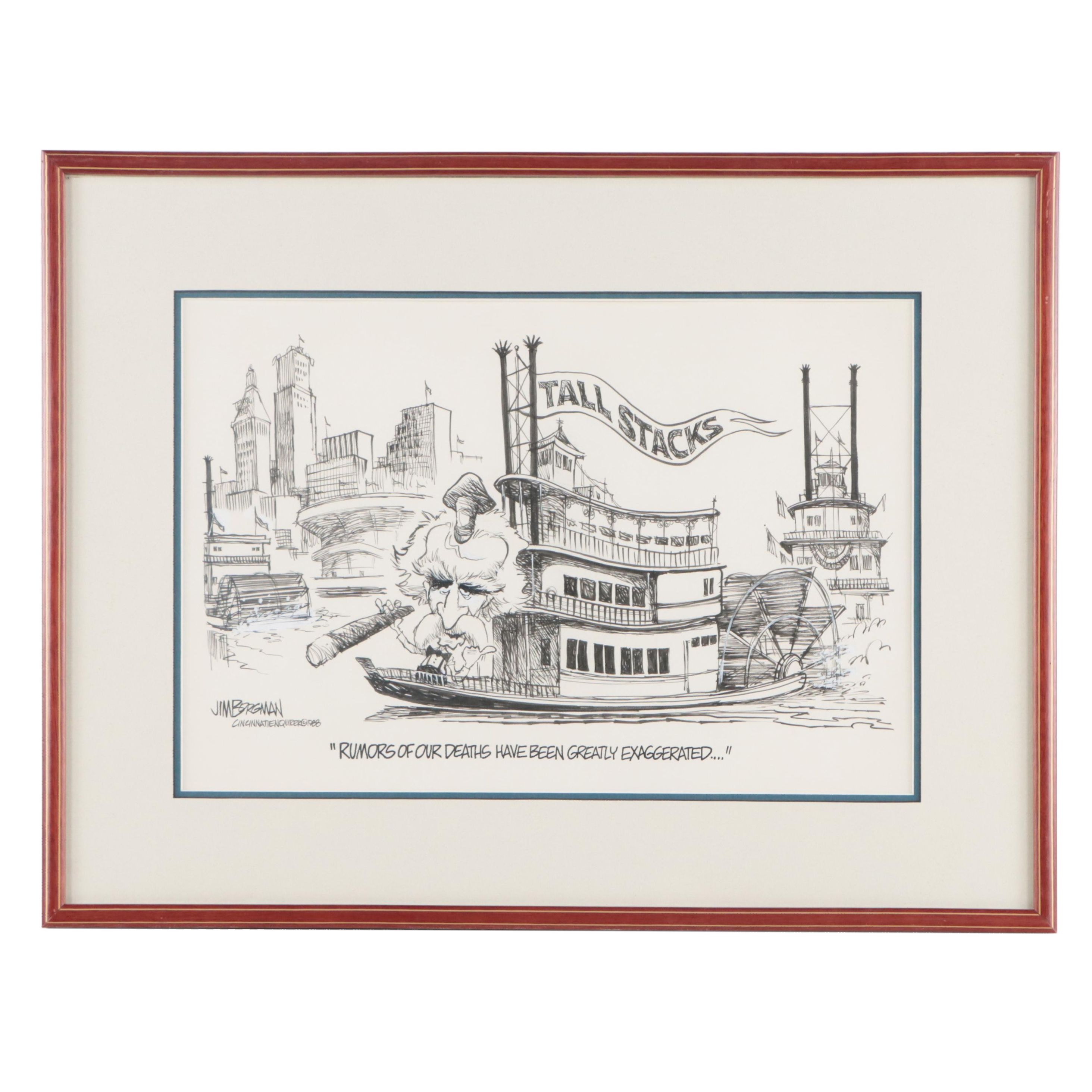 Jim Borgman Cartoon Ink Drawing of Cincinnati Riverboat Scene, 1988