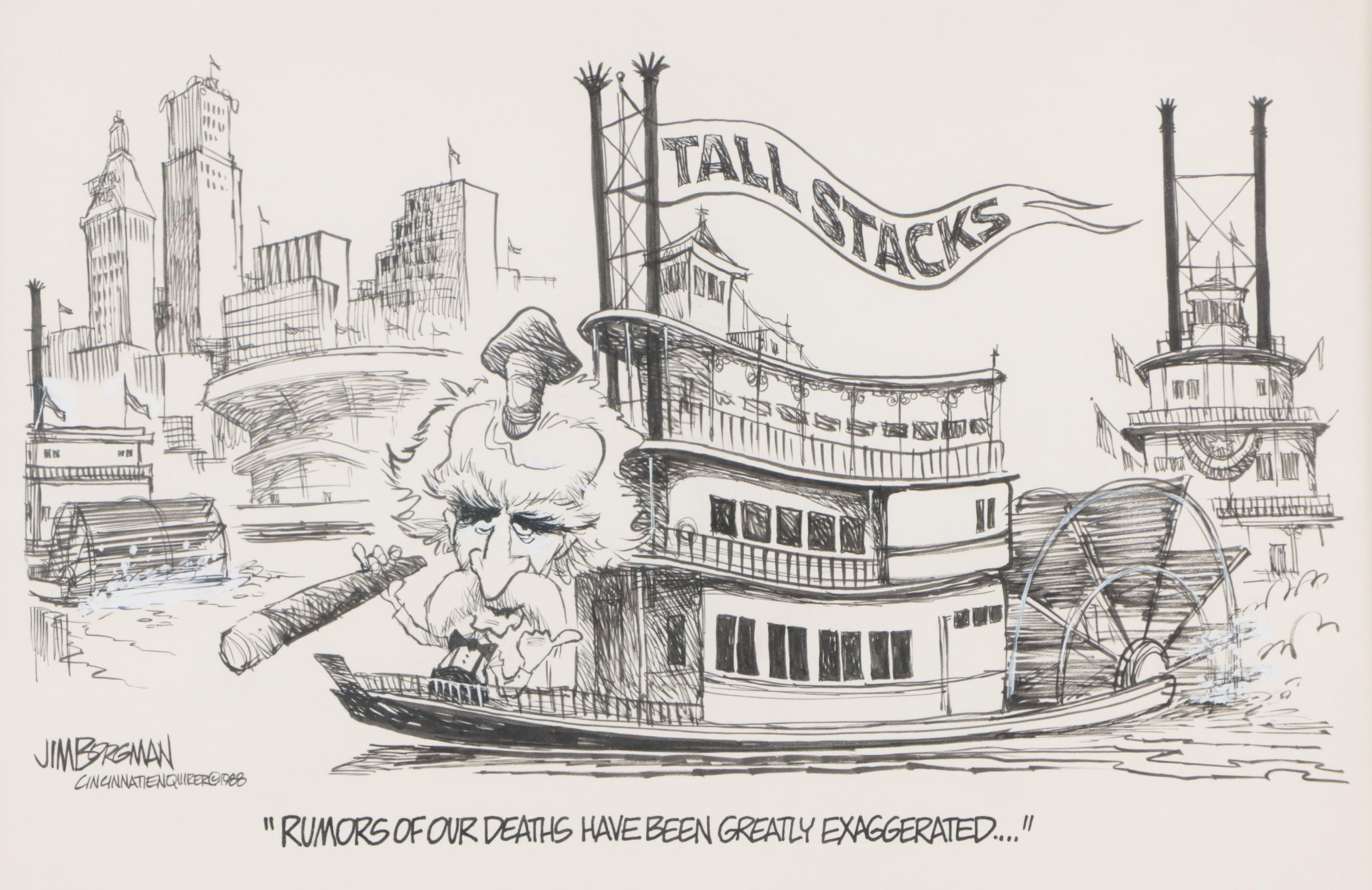 Jim Borgman Cartoon Ink Drawing of Cincinnati Riverboat Scene, 1988