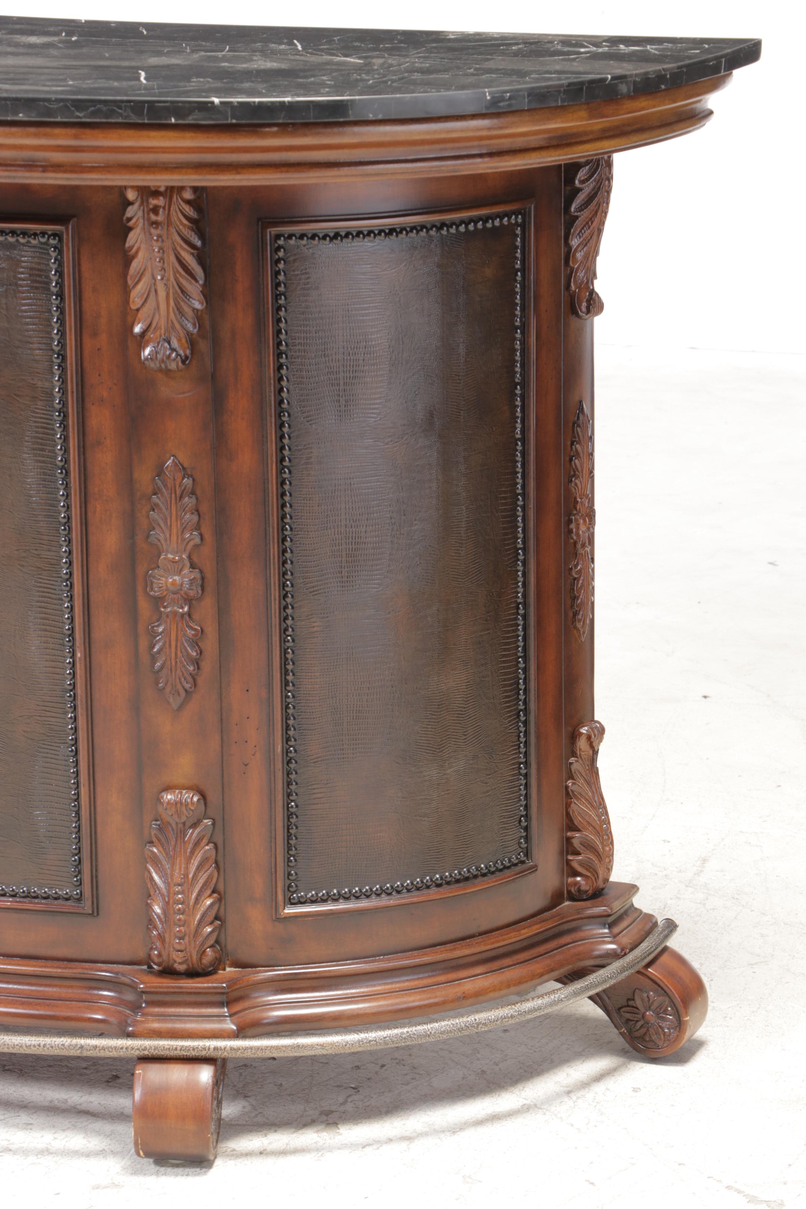 Tuscan Style Stone Top Demilune Bar Cabinet with Wine Rack