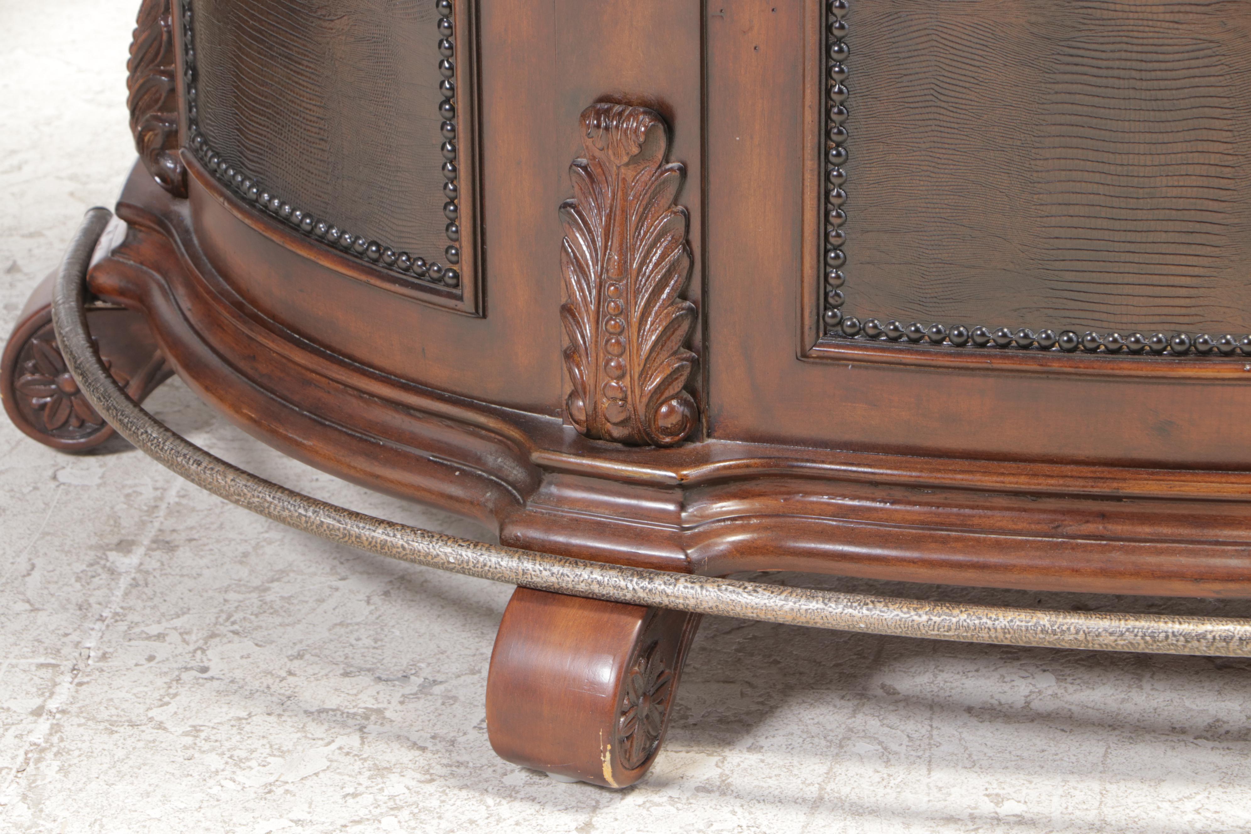 Tuscan Style Stone Top Demilune Bar Cabinet with Wine Rack