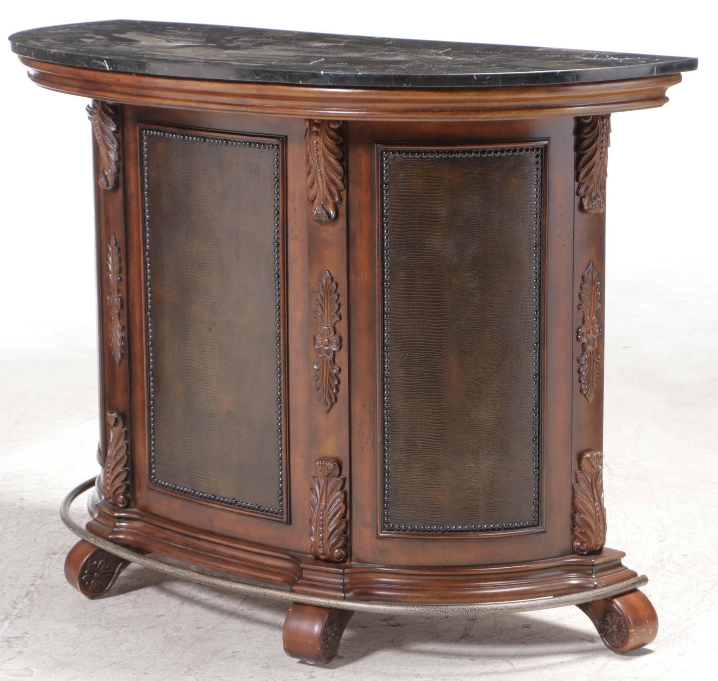 Tuscan Style Stone Top Demilune Bar Cabinet with Wine Rack