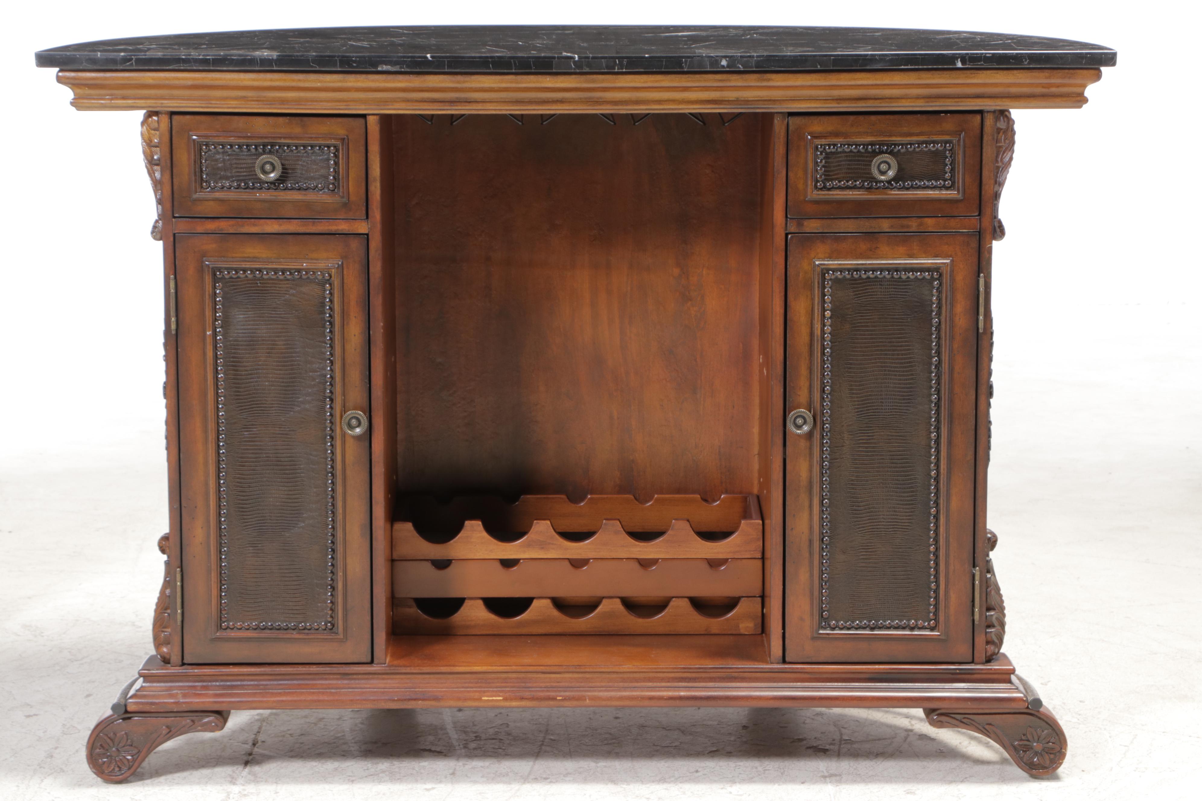 Tuscan Style Stone Top Demilune Bar Cabinet with Wine Rack