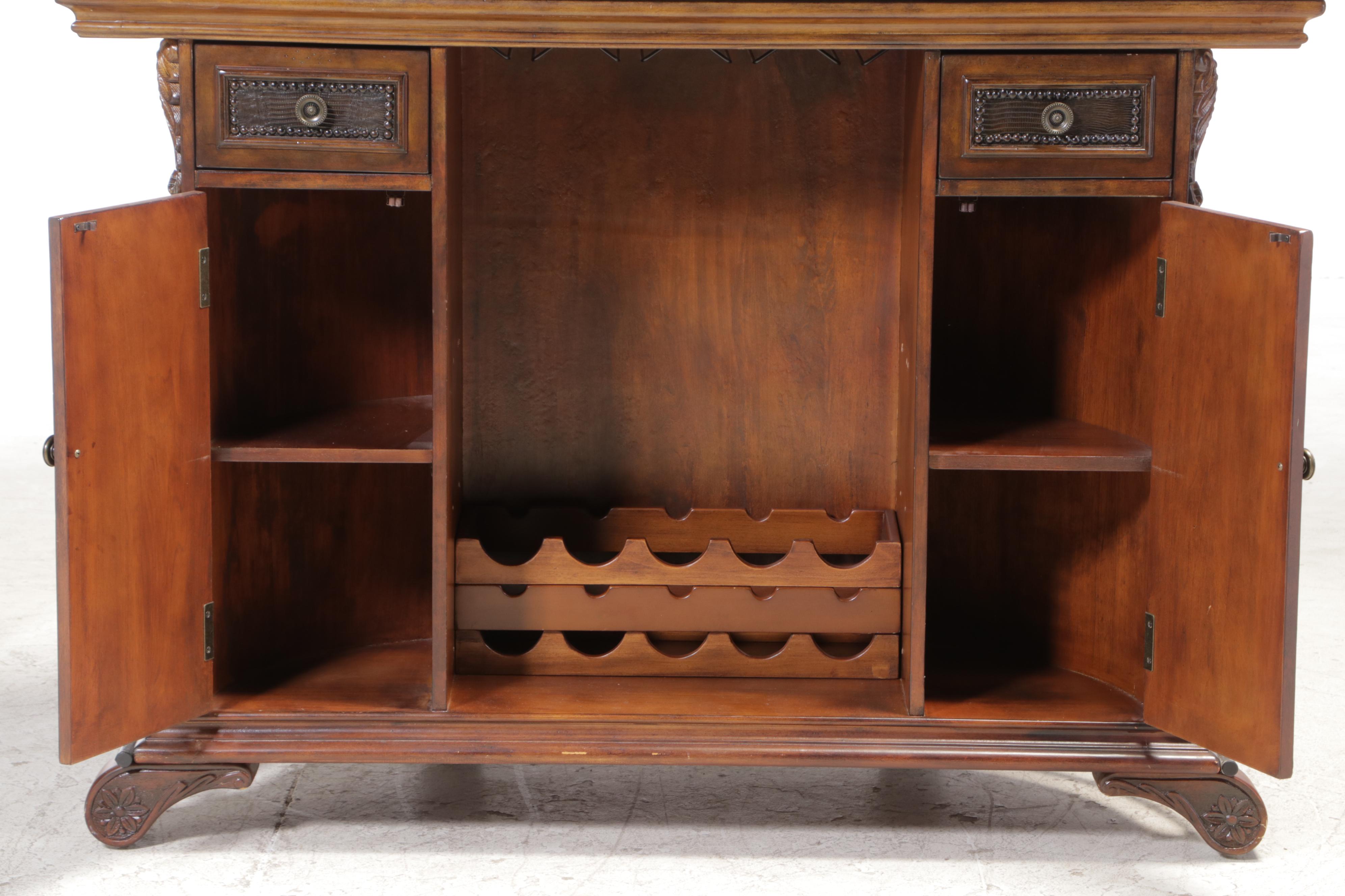 Tuscan Style Stone Top Demilune Bar Cabinet with Wine Rack
