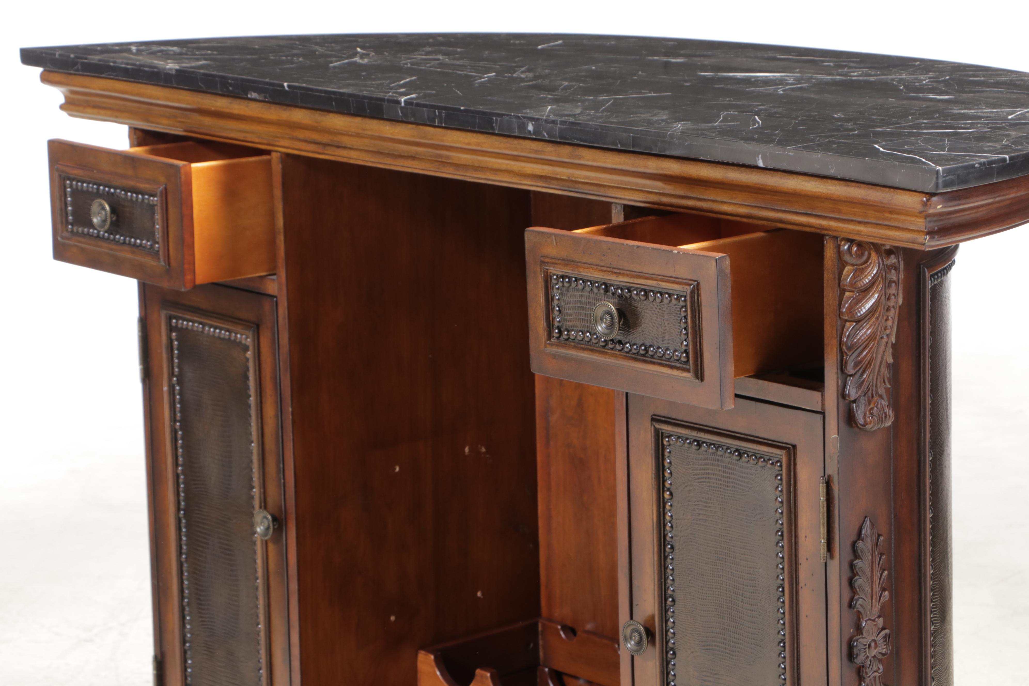 Tuscan Style Stone Top Demilune Bar Cabinet with Wine Rack