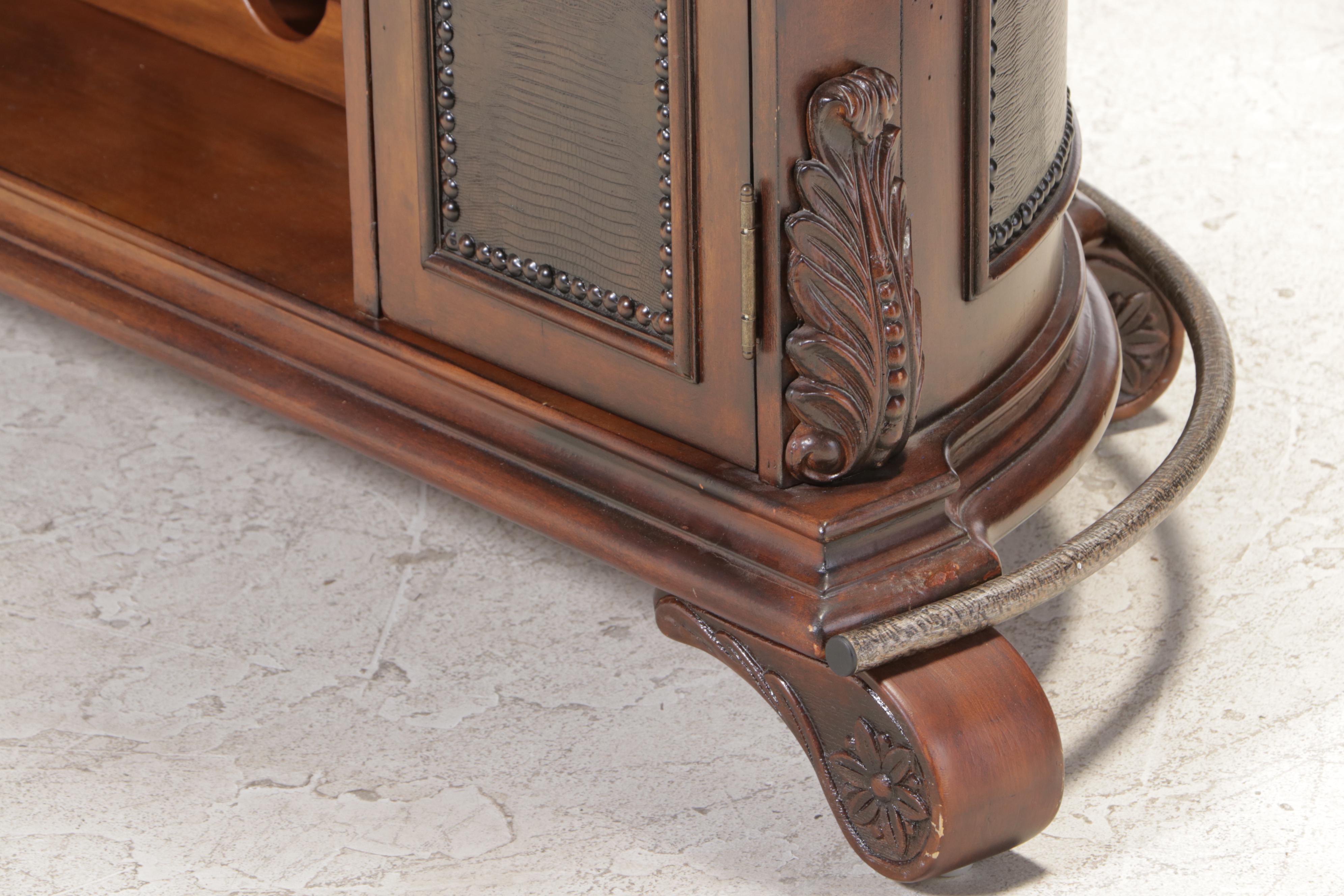 Tuscan Style Stone Top Demilune Bar Cabinet with Wine Rack