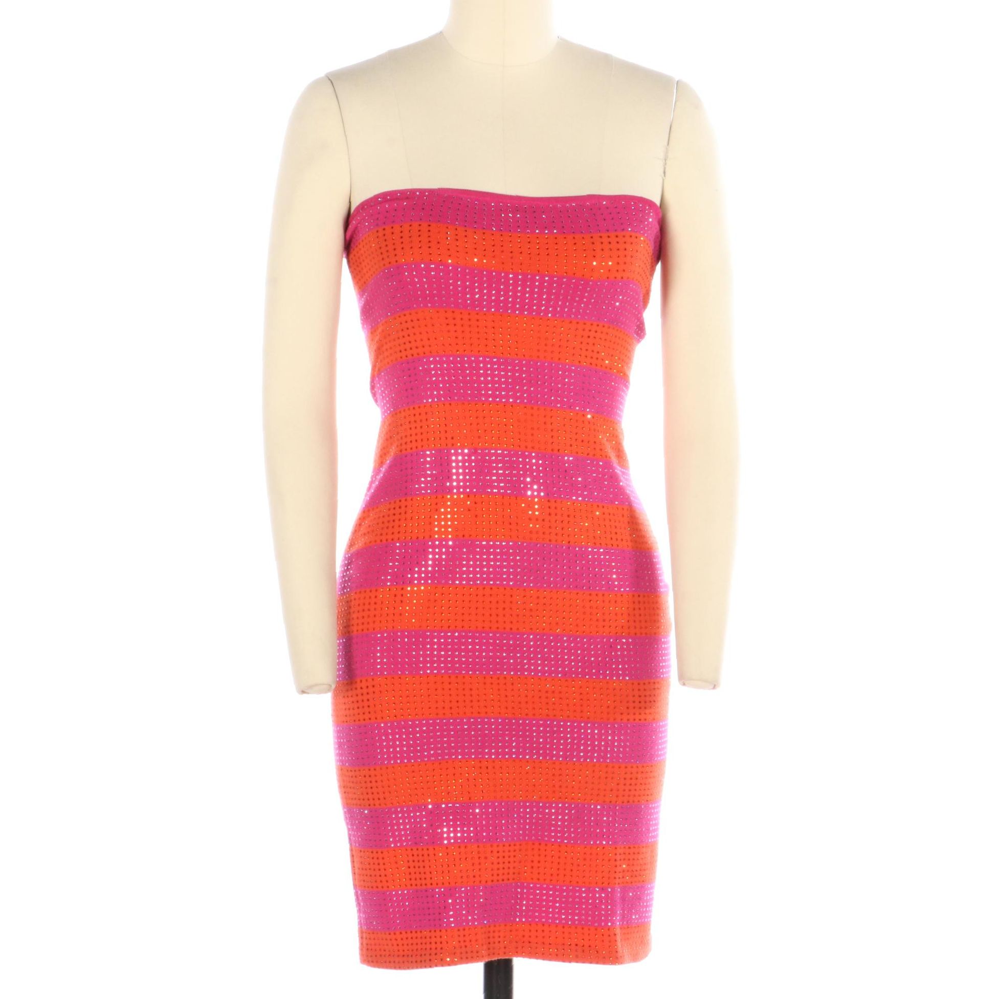 Embellished Striped Knit Bodycon Strapless Dress
