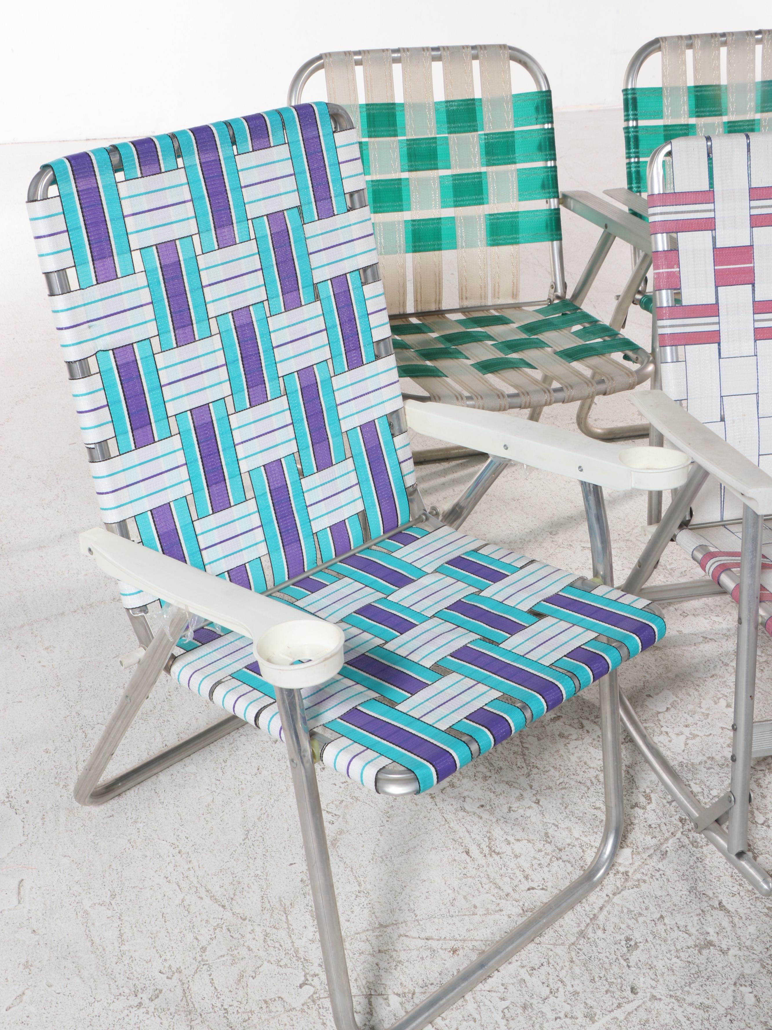 Five Aluminum Framed Folding Webbed Lawn Chairs, Late 20th Century