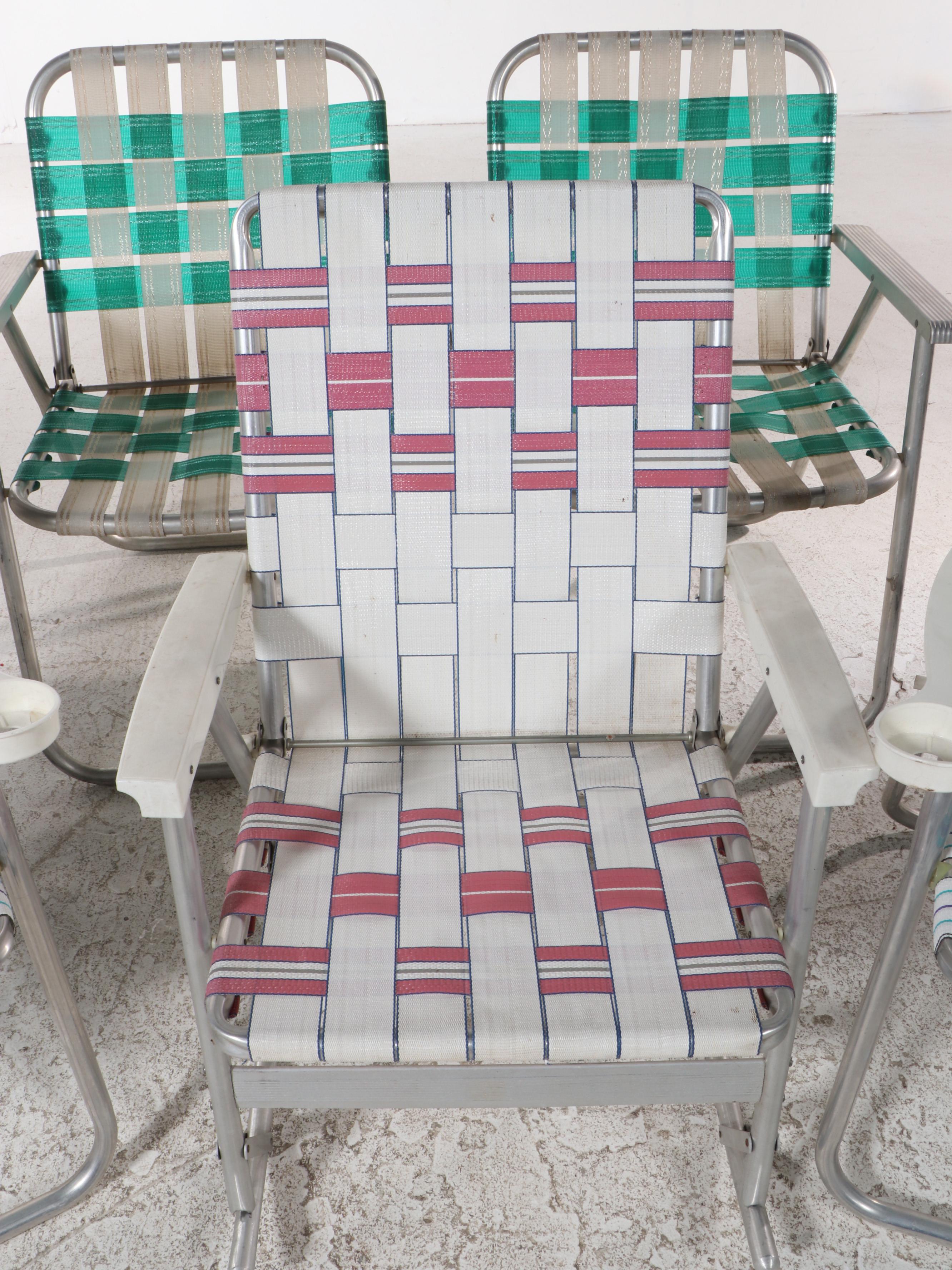 Five Aluminum Framed Folding Webbed Lawn Chairs, Late 20th Century