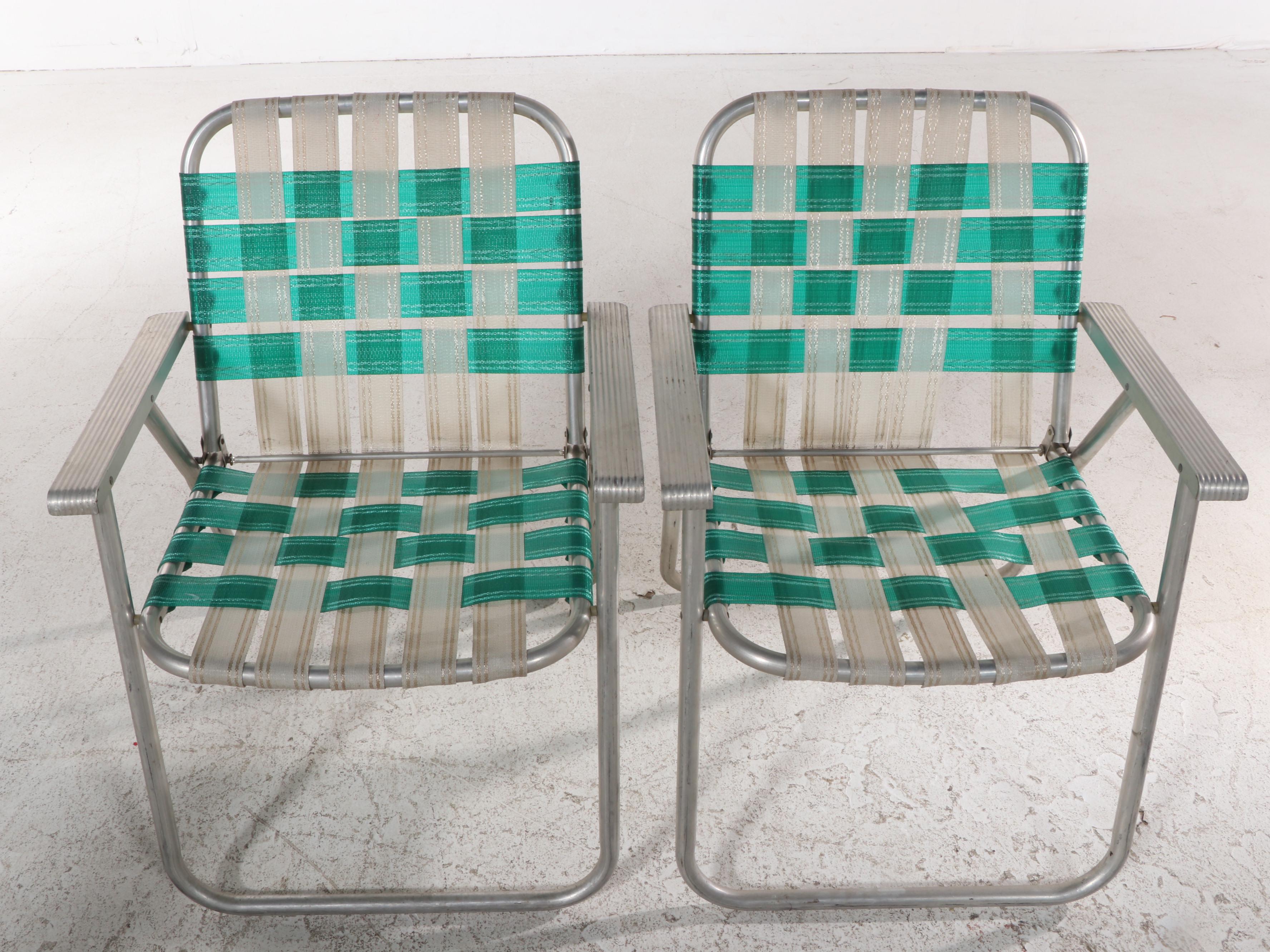 Five Aluminum Framed Folding Webbed Lawn Chairs, Late 20th Century