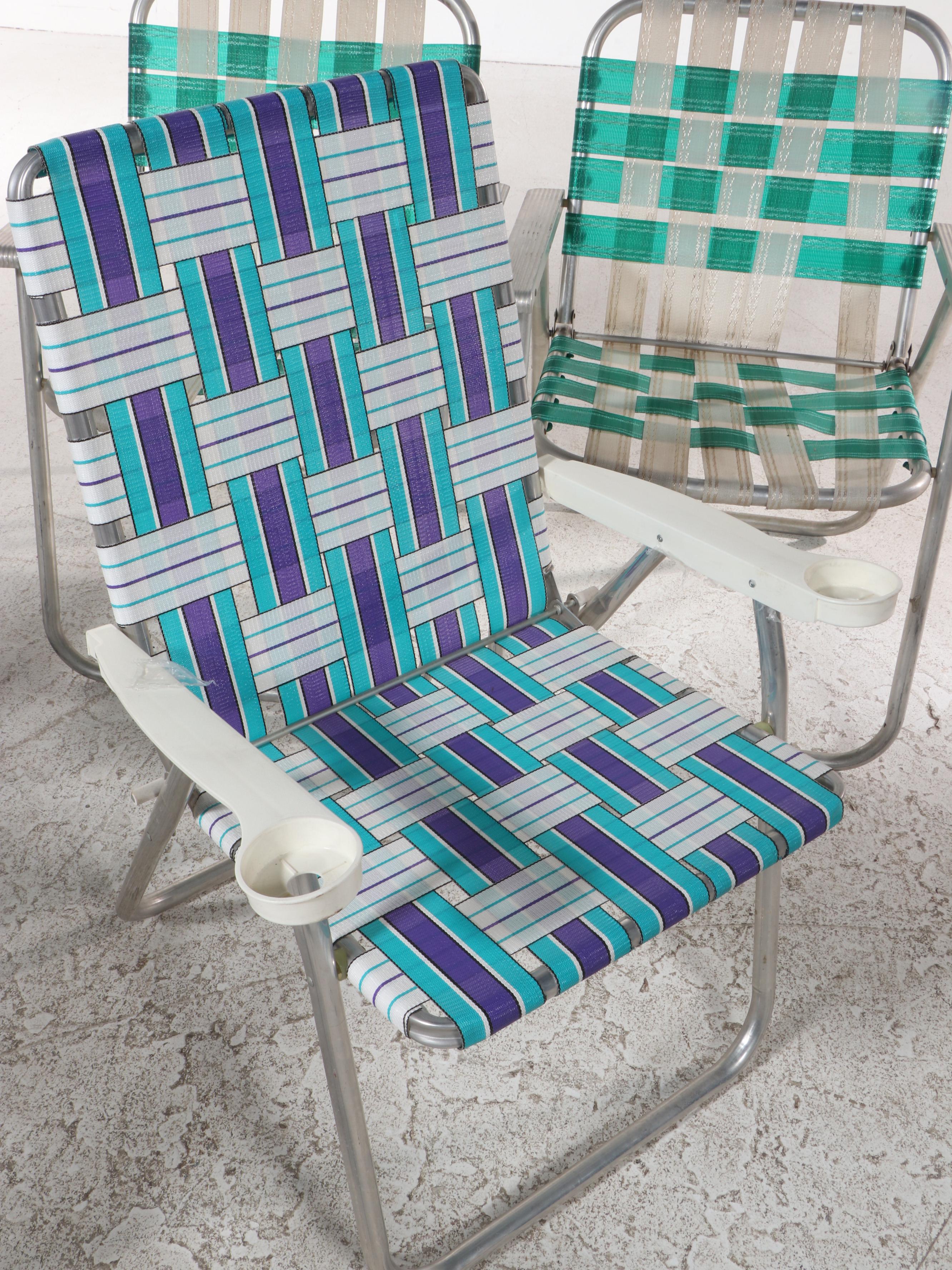 Five Aluminum Framed Folding Webbed Lawn Chairs, Late 20th Century