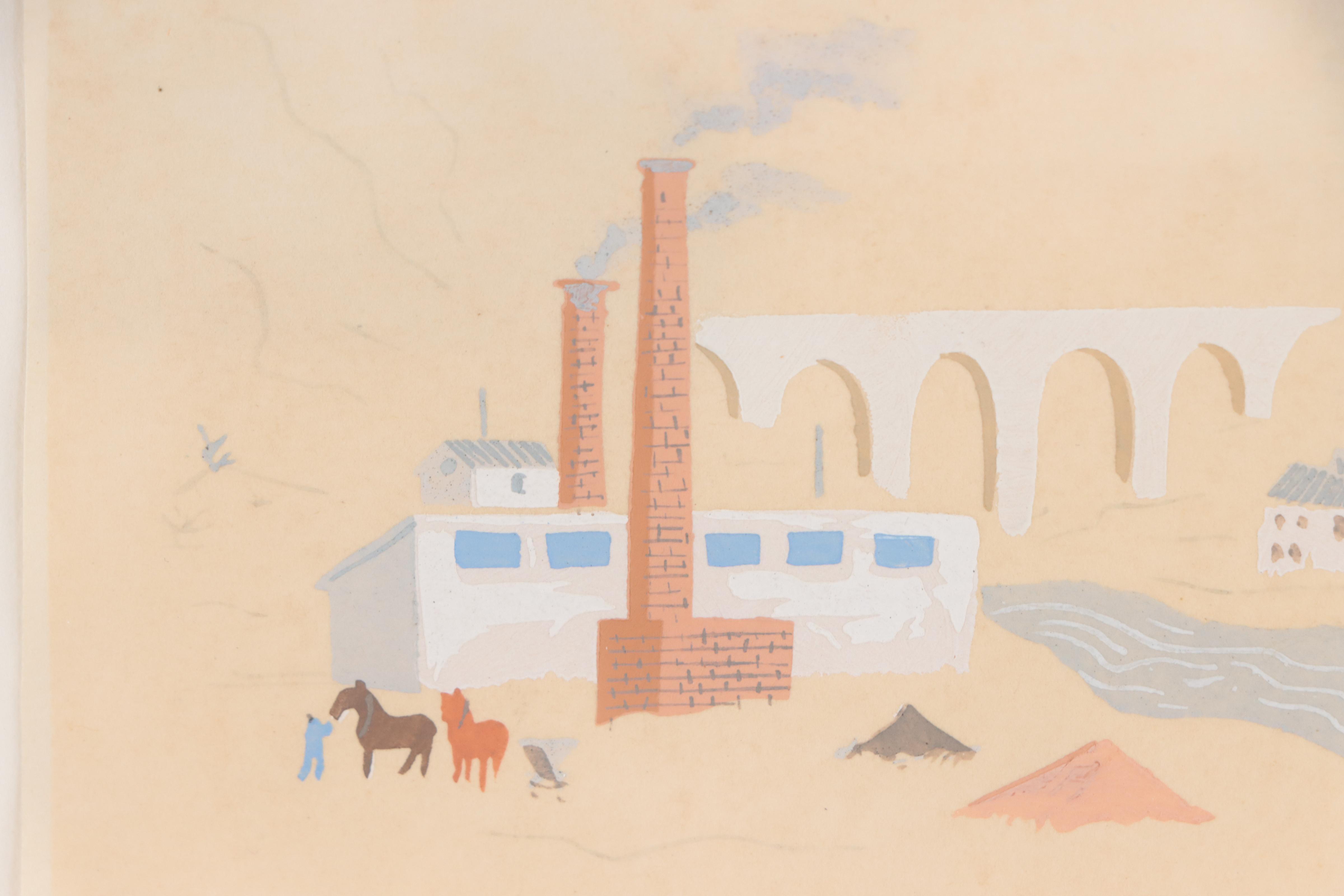 Attributed to Jean Hugo Gouache Painting of Industrial Landscape, Circa 1970