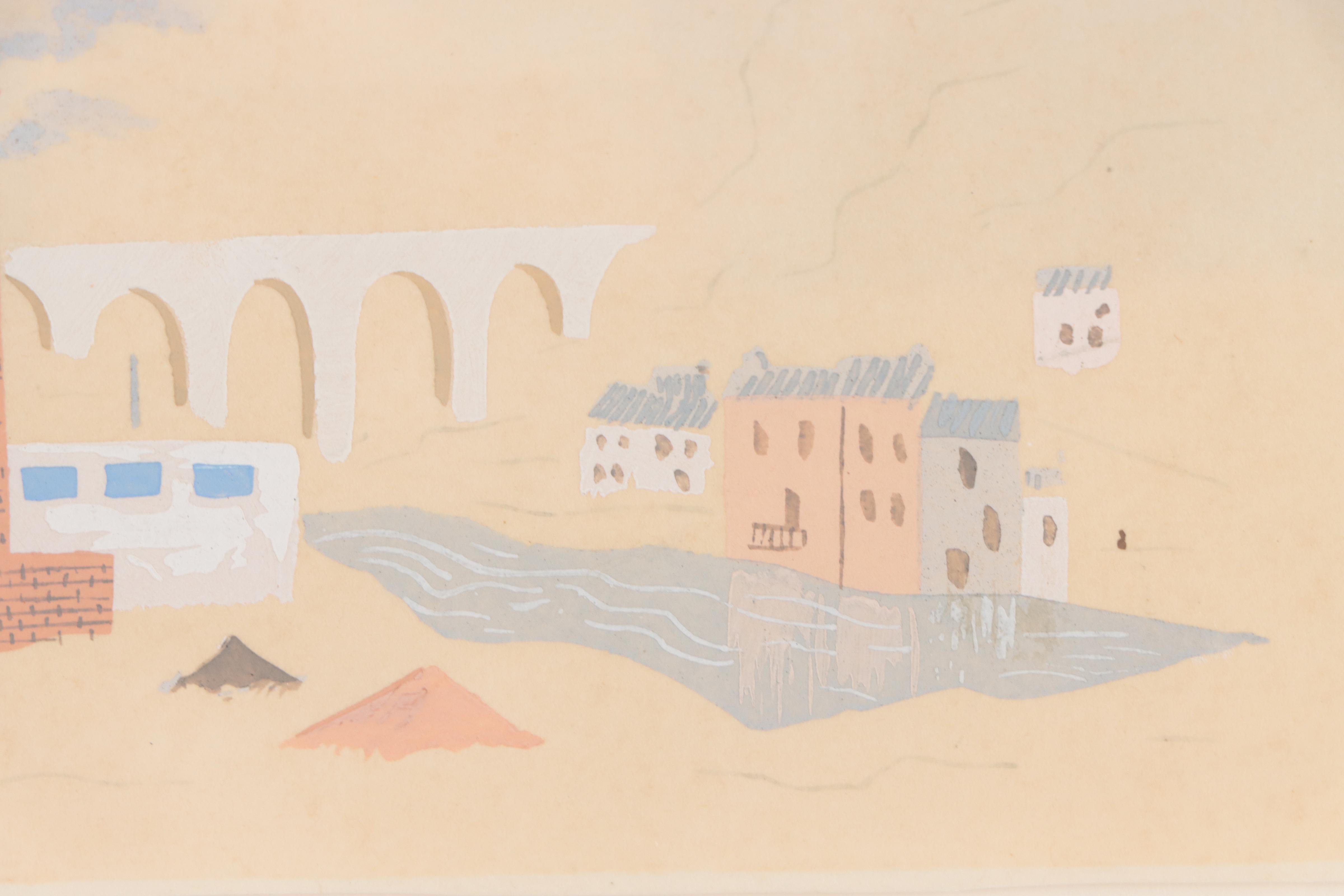 Attributed to Jean Hugo Gouache Painting of Industrial Landscape, Circa 1970