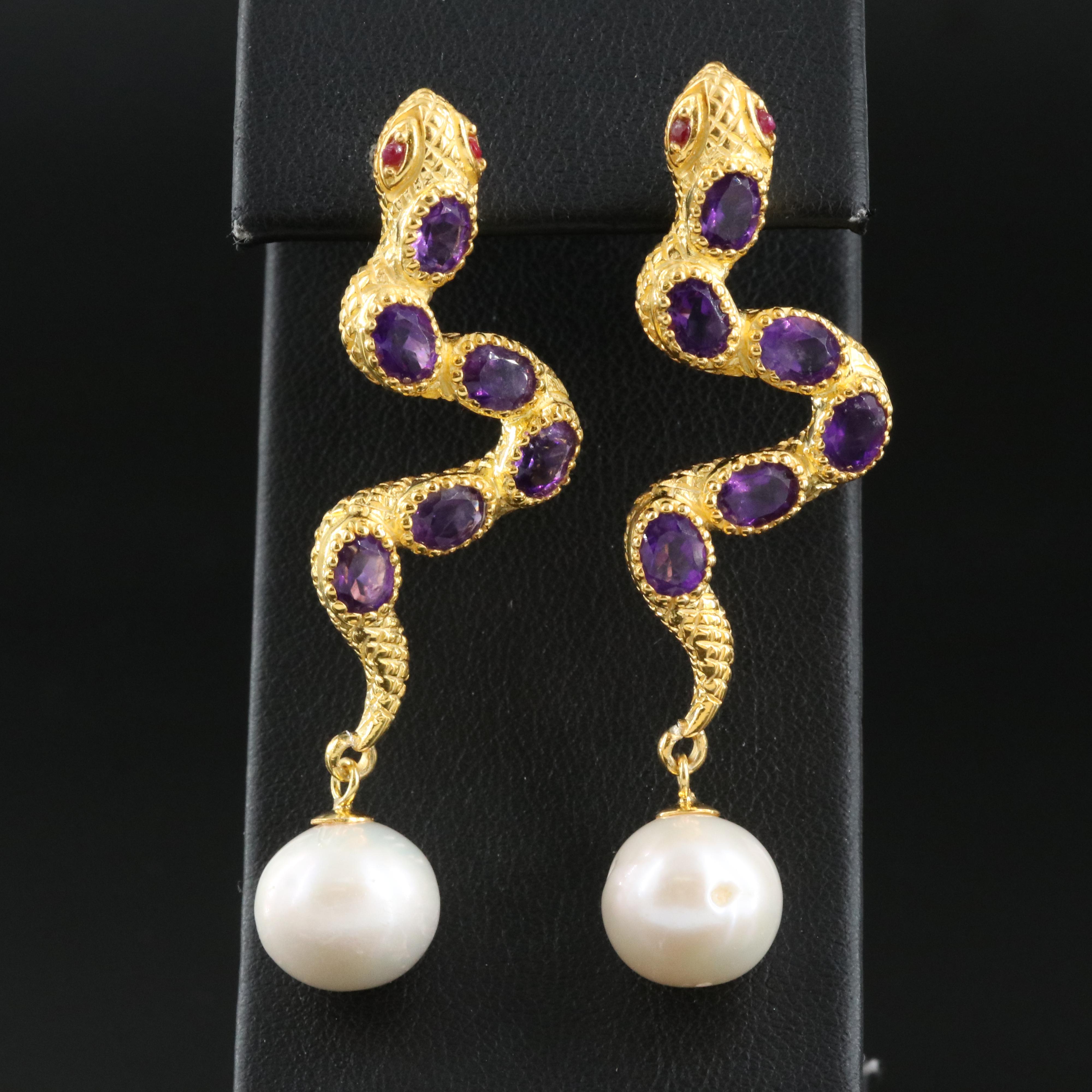 Sterling Pearl, Amethyst and Ruby Snake Earrings