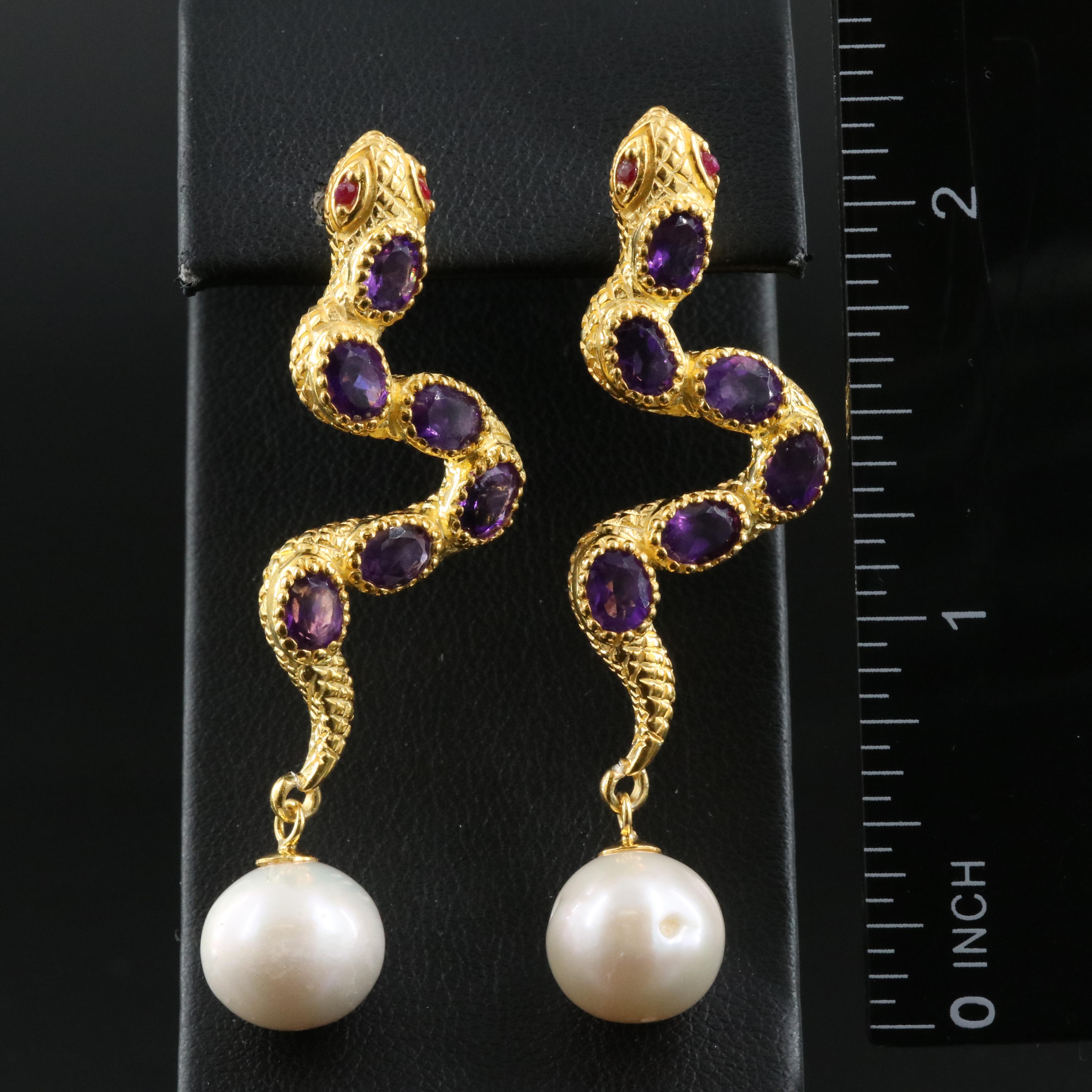 Sterling Pearl, Amethyst and Ruby Snake Earrings