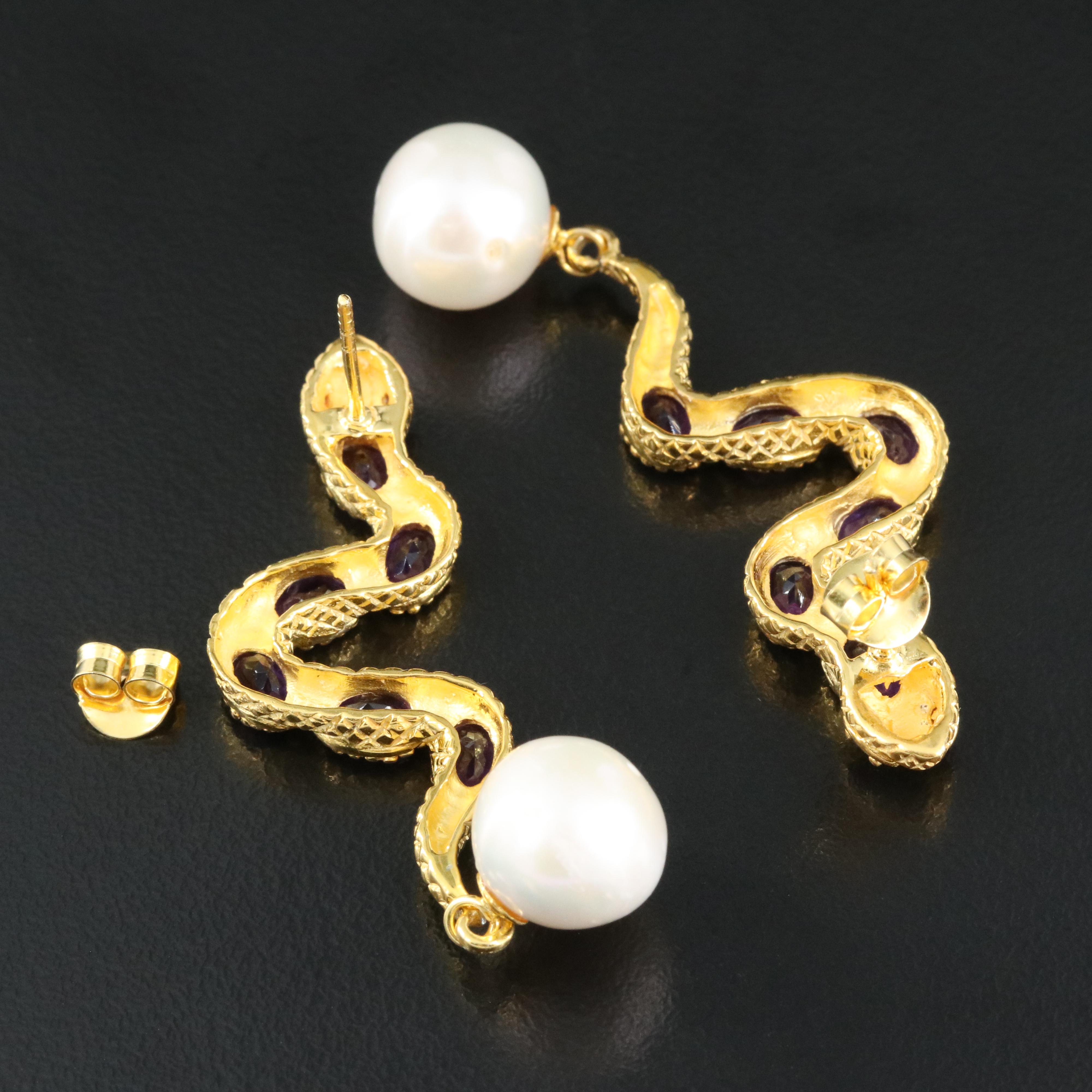 Sterling Pearl, Amethyst and Ruby Snake Earrings
