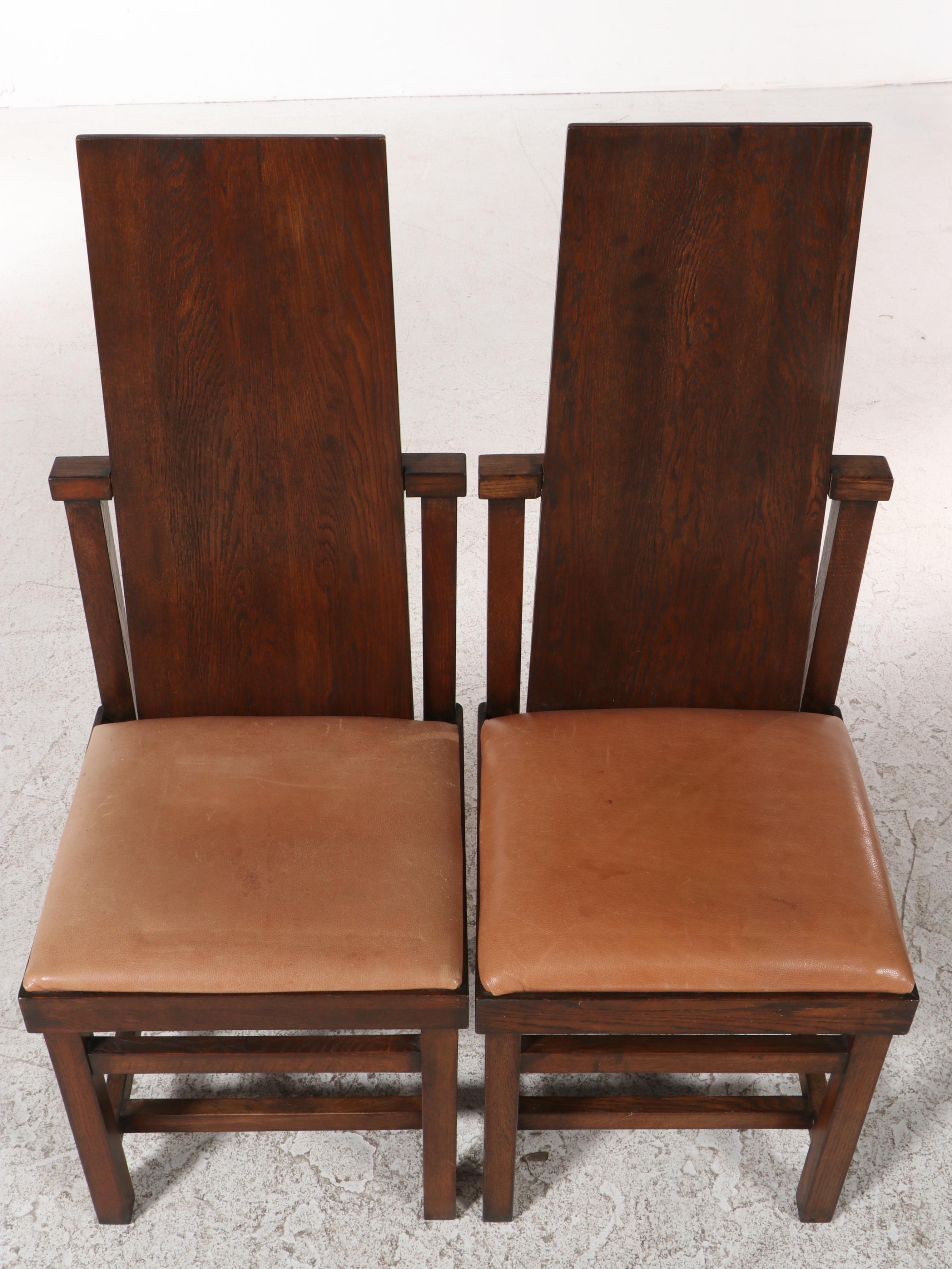 Pair of Frank Lloyd Wright Oak Slant-Back and Leather-Upholstered Chairs