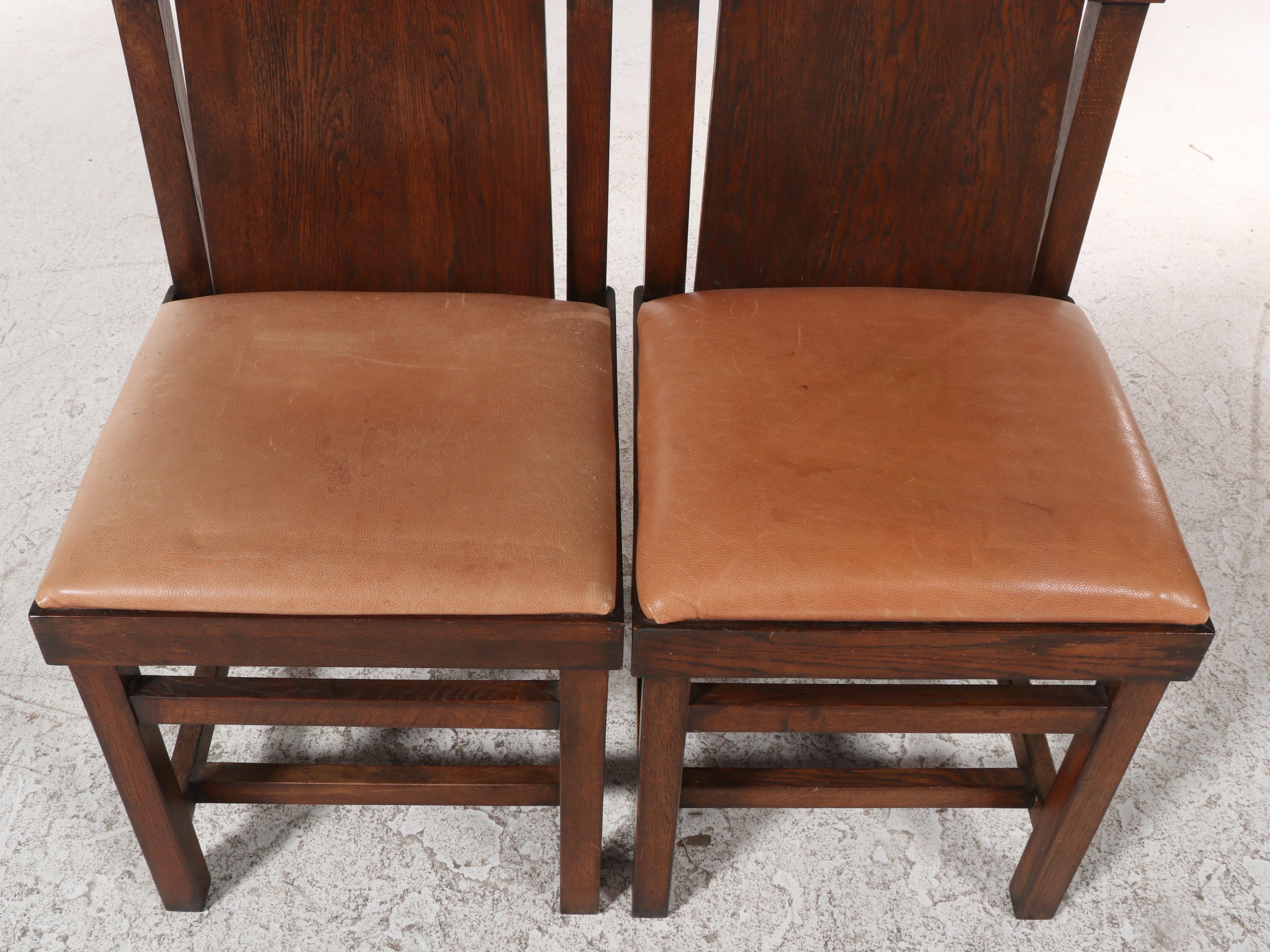 Pair of Frank Lloyd Wright Oak Slant-Back and Leather-Upholstered Chairs