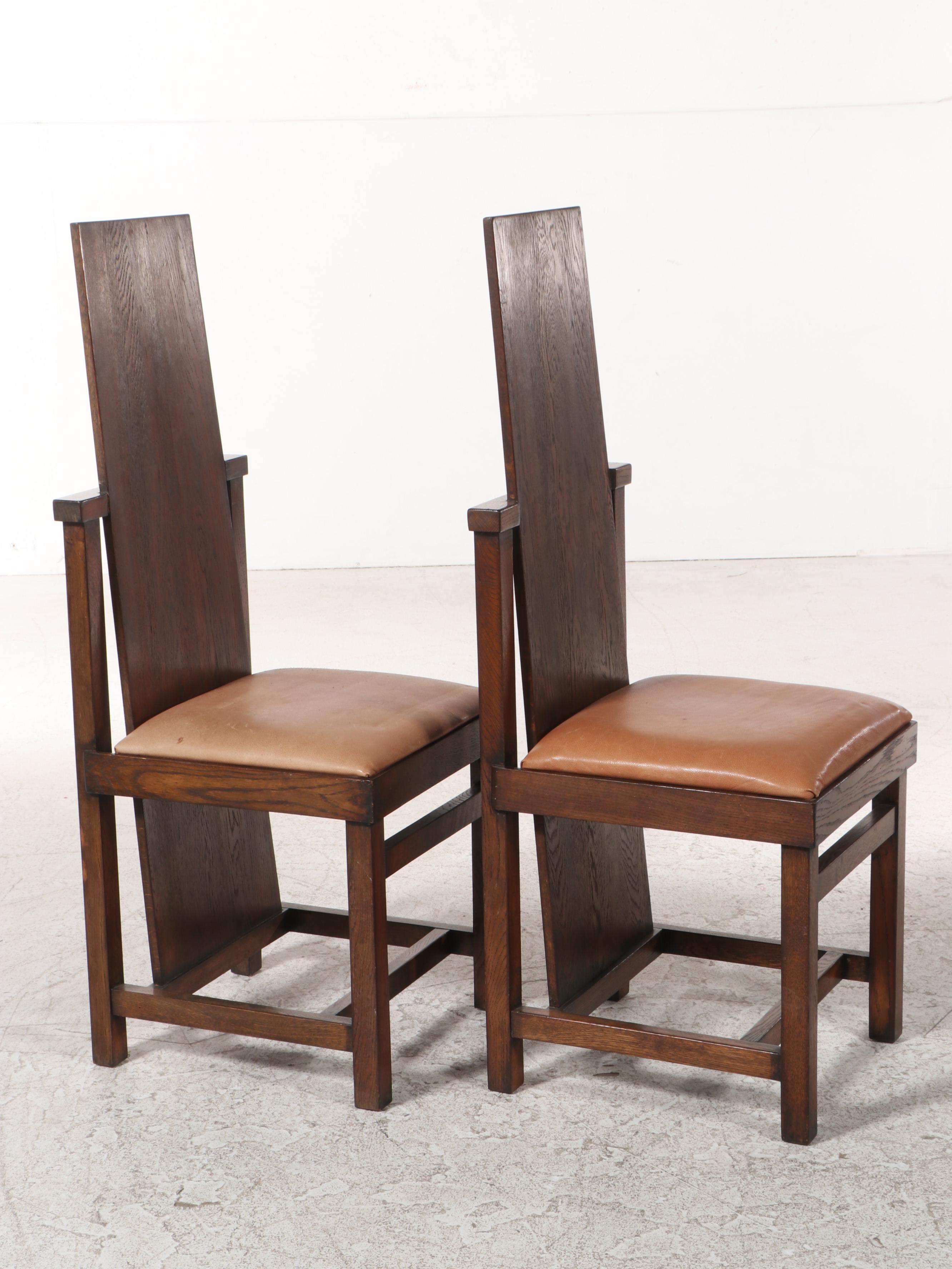 Pair of Frank Lloyd Wright Oak Slant-Back and Leather-Upholstered Chairs