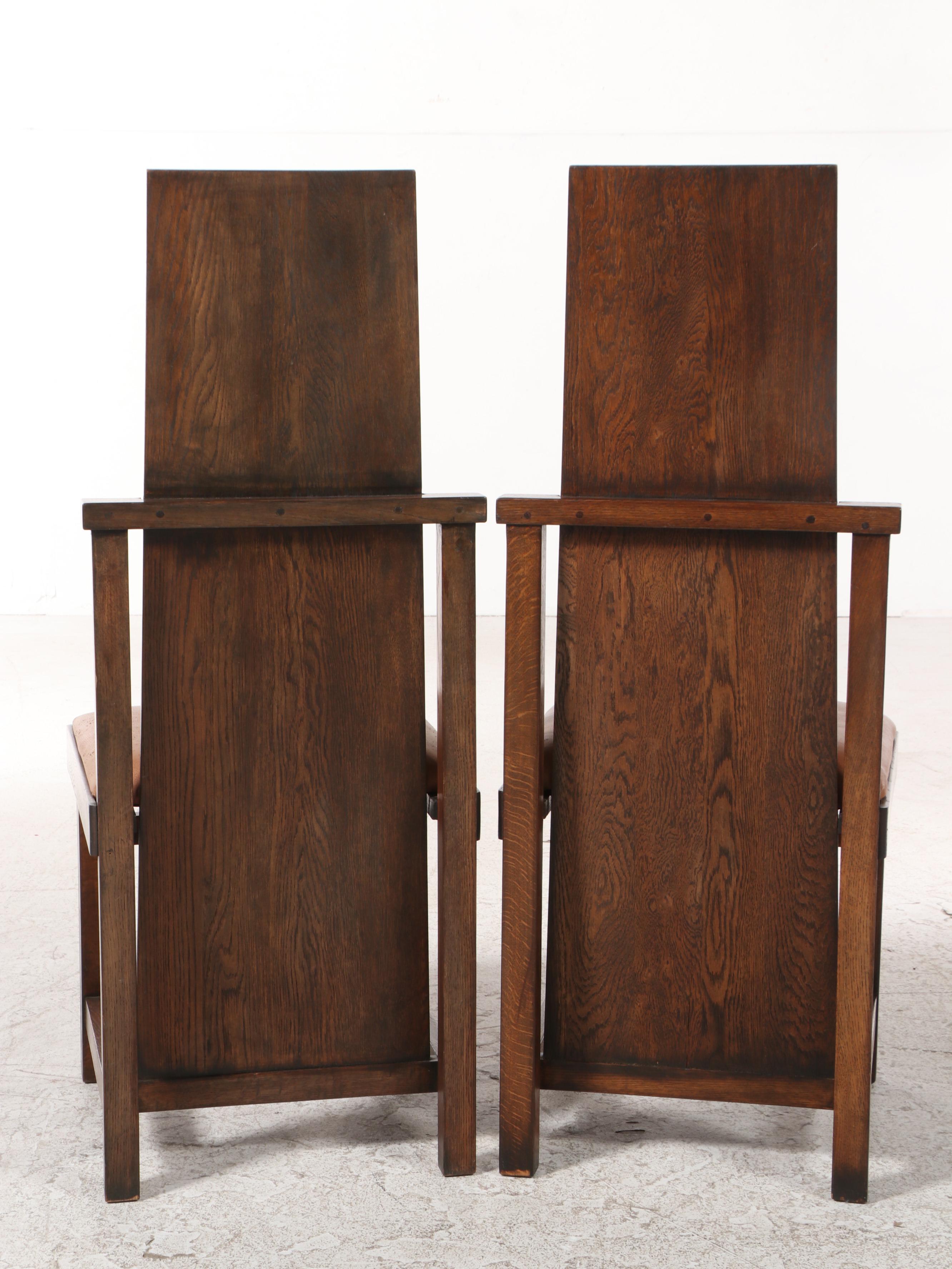 Pair of Frank Lloyd Wright Oak Slant-Back and Leather-Upholstered Chairs