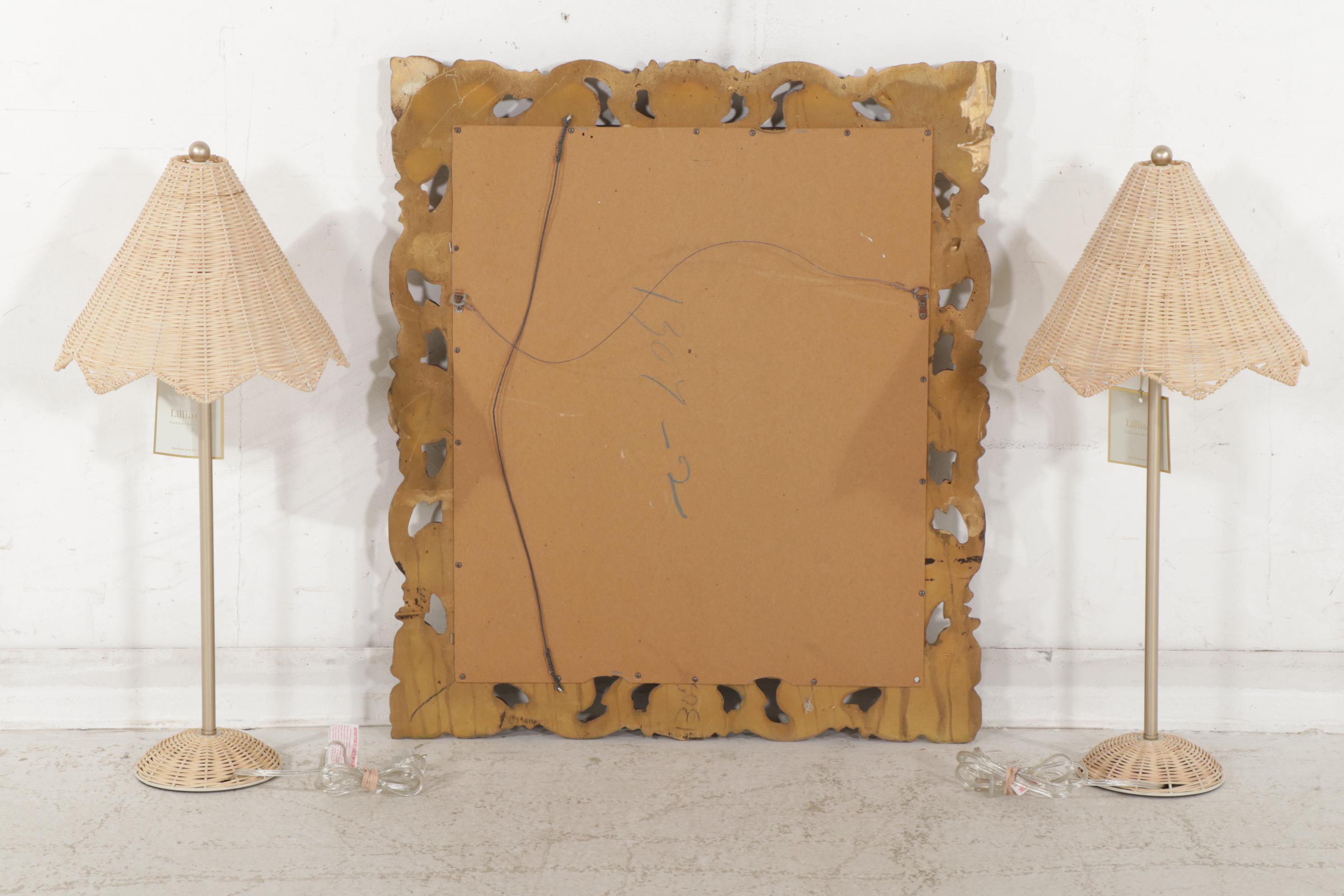 Pair of Lillian August "Parasol" Table Lamps with Gilded Composite Wall Mirror