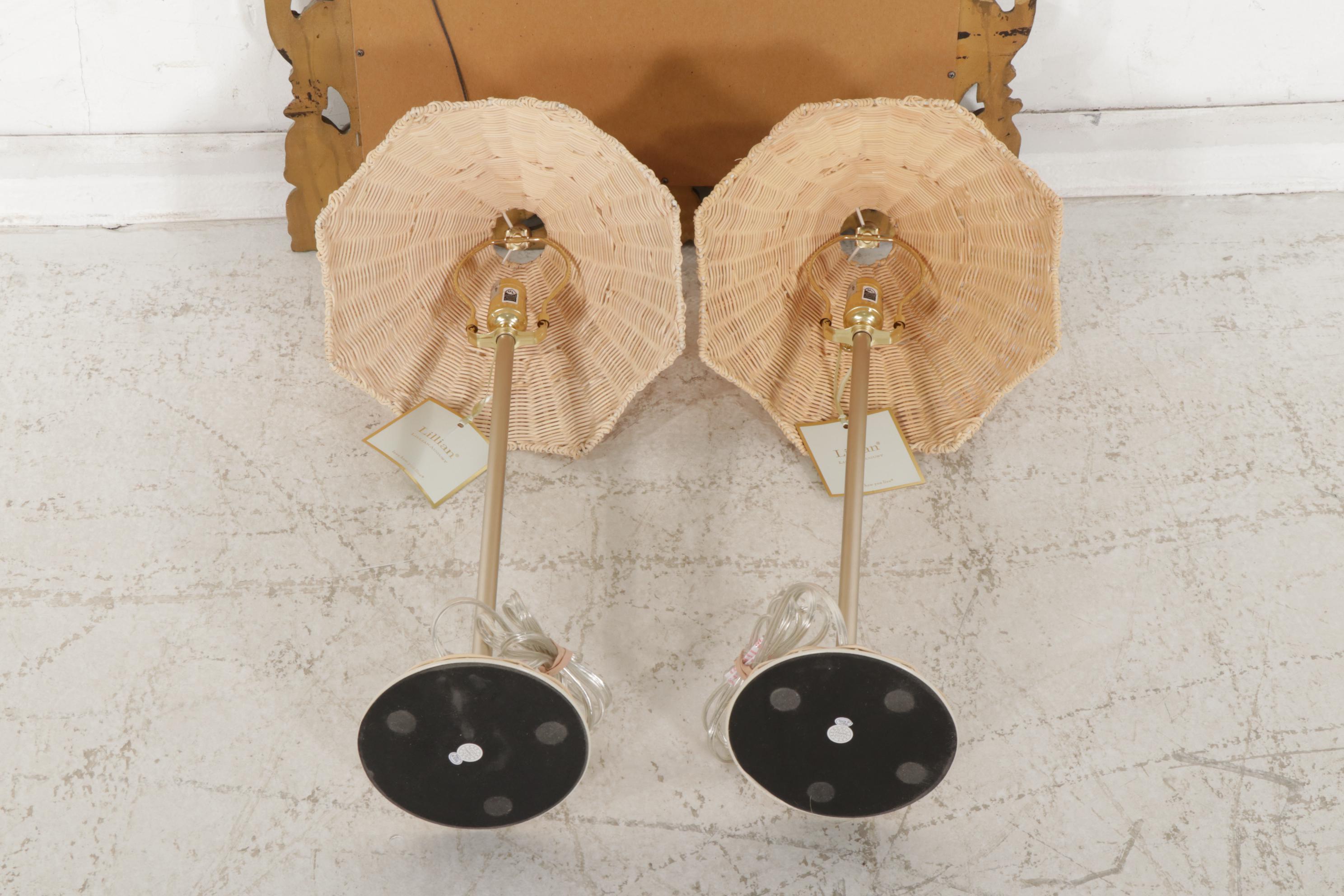 Pair of Lillian August "Parasol" Table Lamps with Gilded Composite Wall Mirror
