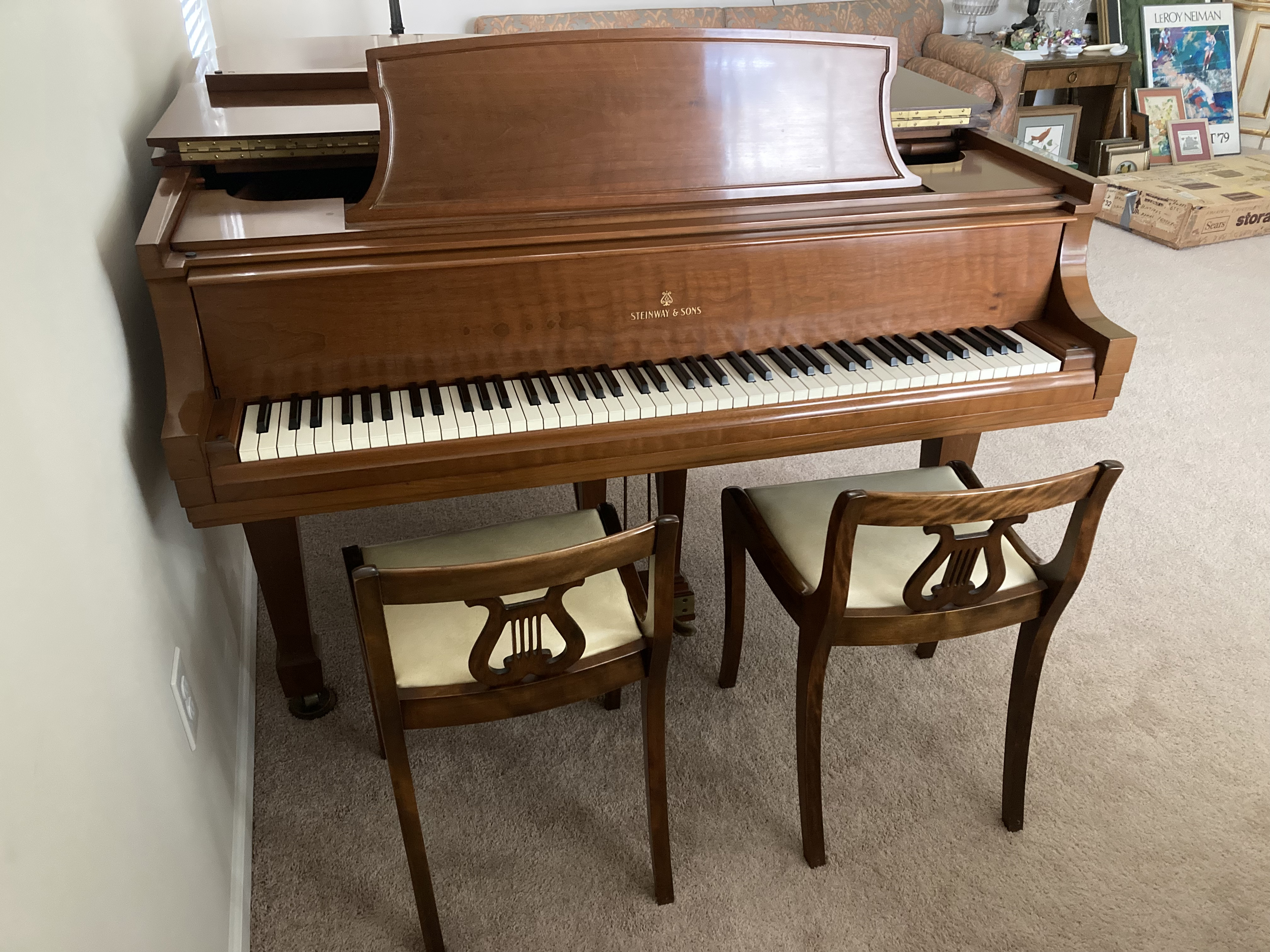 1959 Steinway & Sons Walnut Model L Baby Grand Piano with Lyre Back Chairs