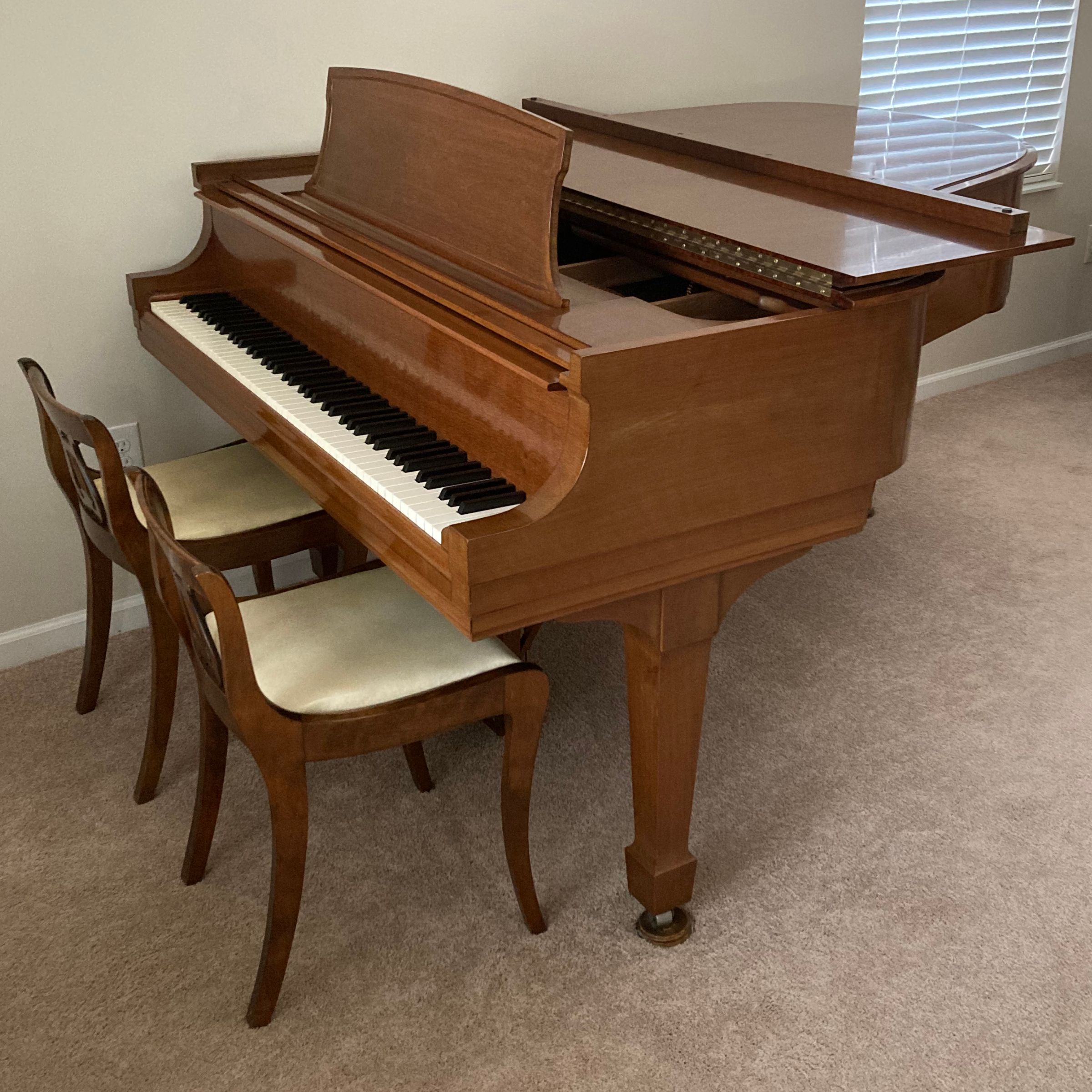 1959 Steinway & Sons Walnut Model L Baby Grand Piano with Lyre Back Chairs