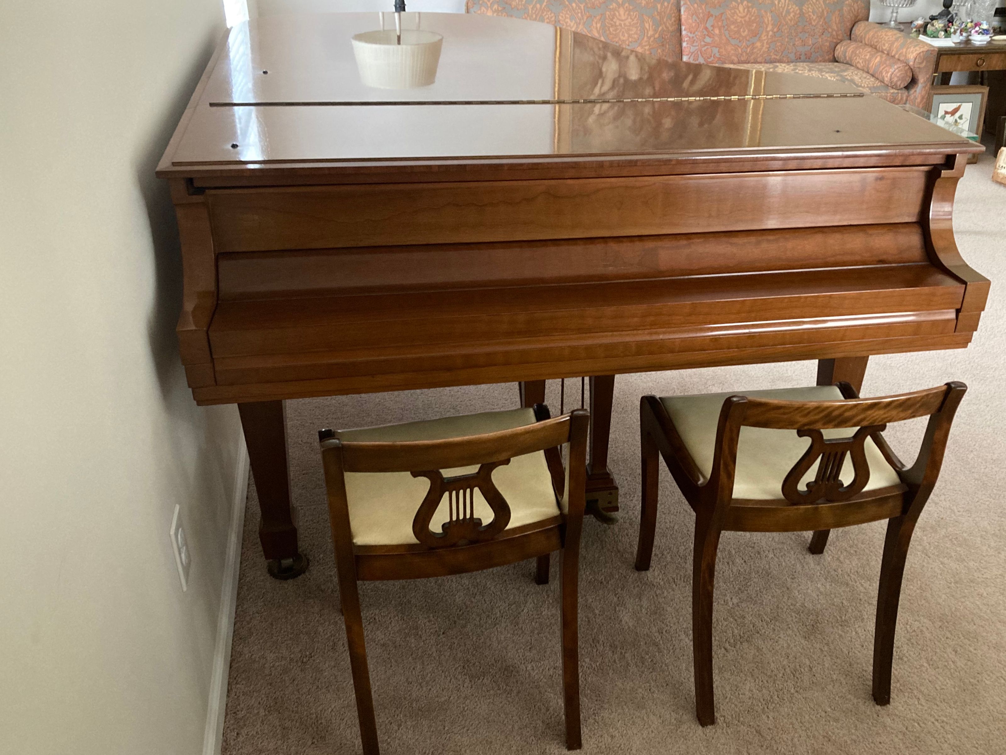 1959 Steinway & Sons Walnut Model L Baby Grand Piano with Lyre Back Chairs