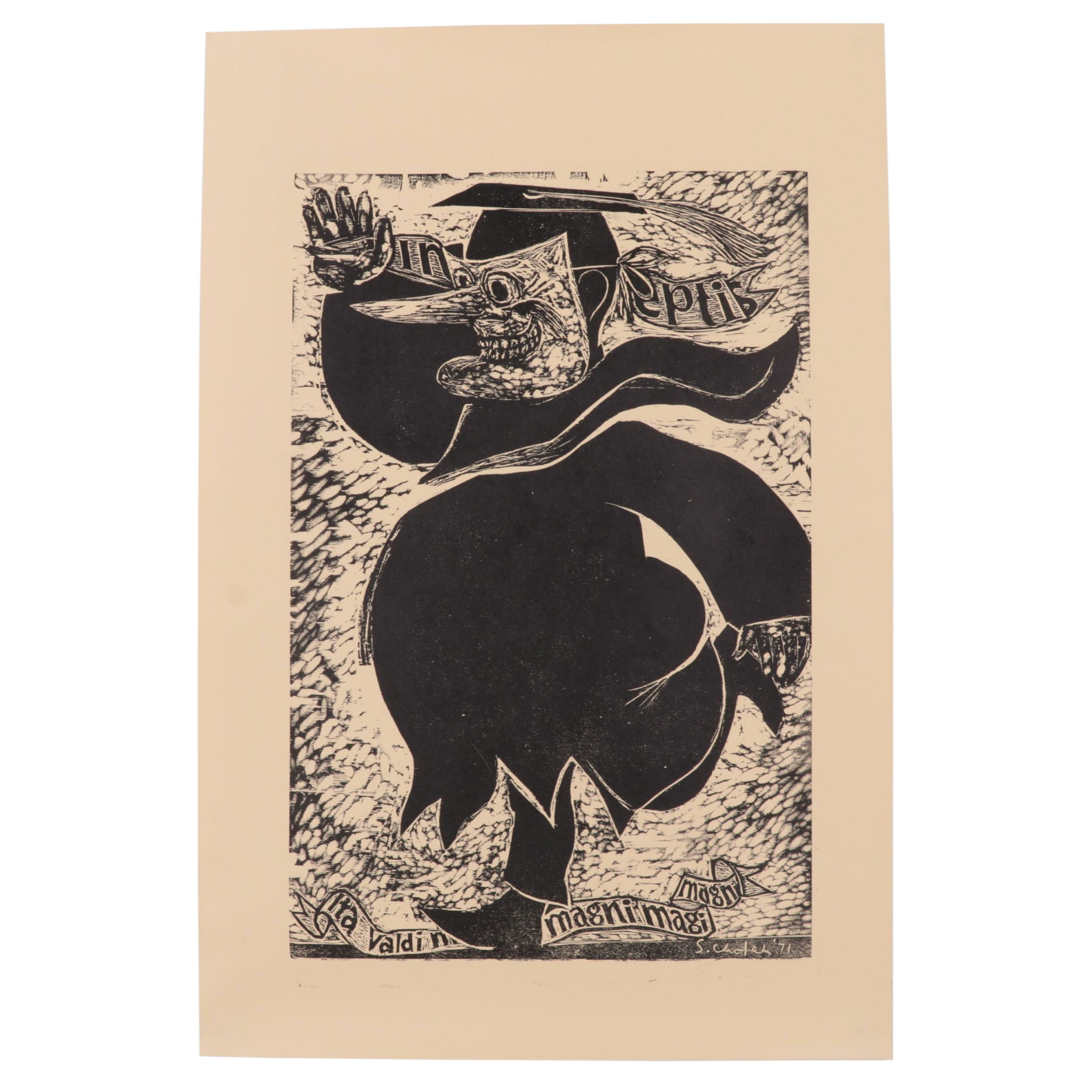 Sidney Chafetz Woodcut "Professor Quinn," 1971