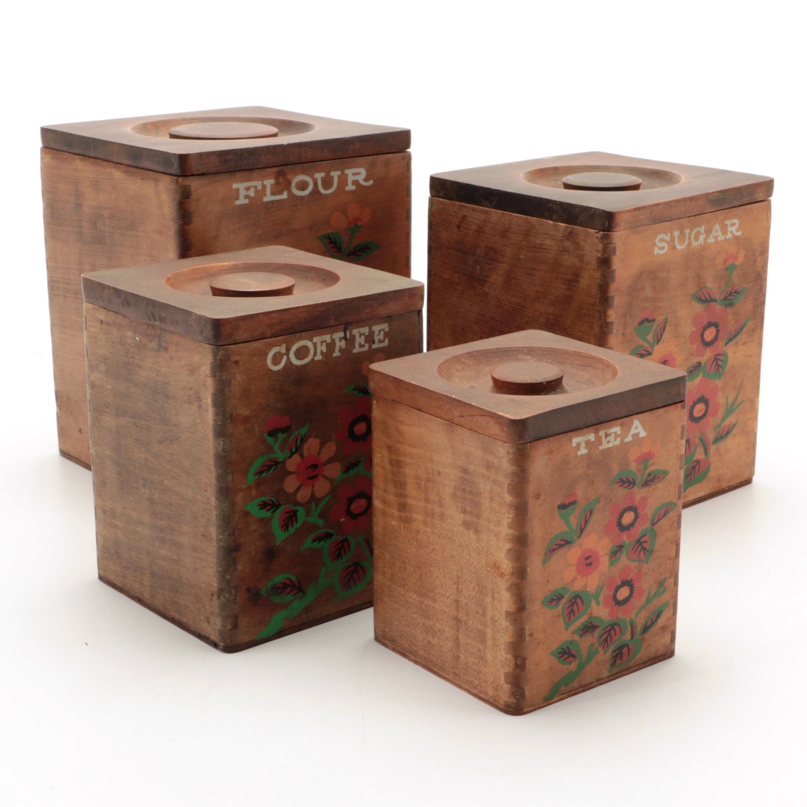 Hand-Painted Floral Motif Wooden Graduated Kitchen Canisters, Mid-20th C.