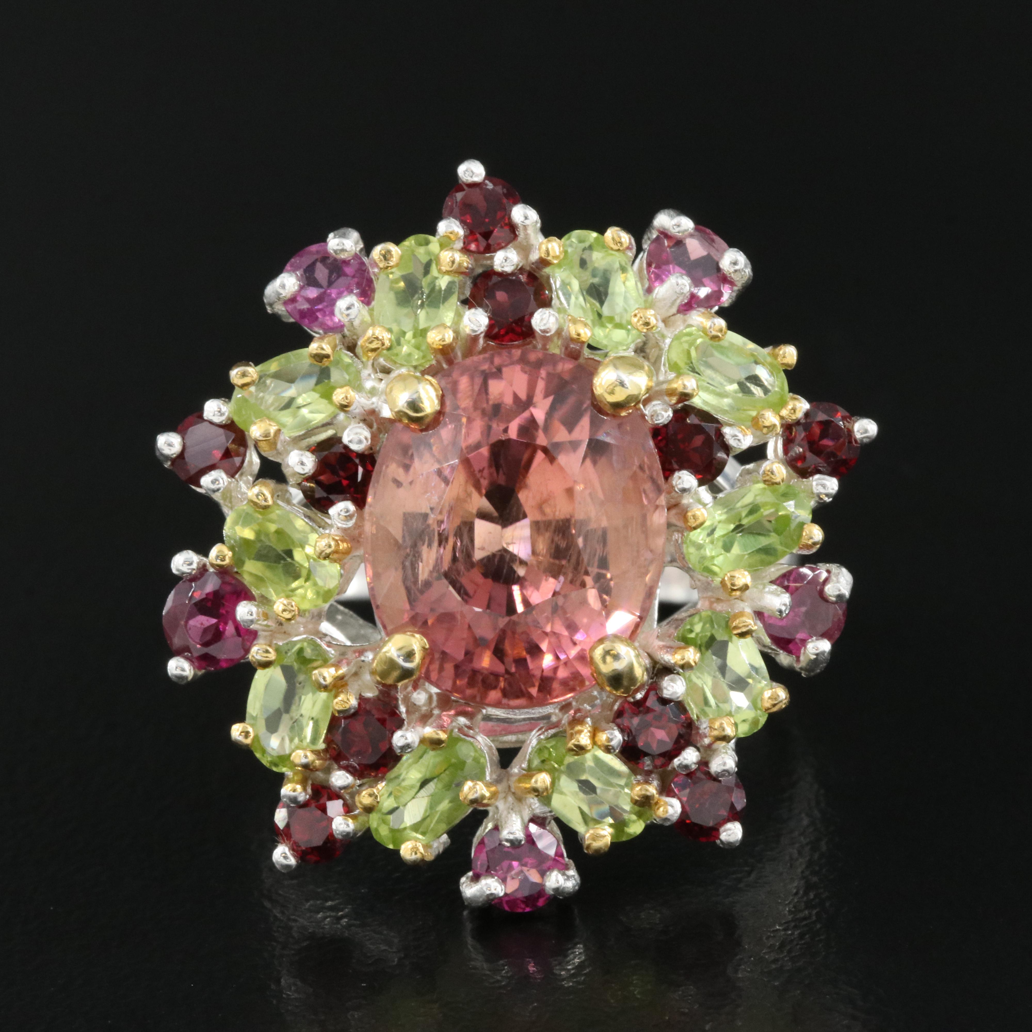 Sterling Tourmaline, Peridot and Garnet Ring