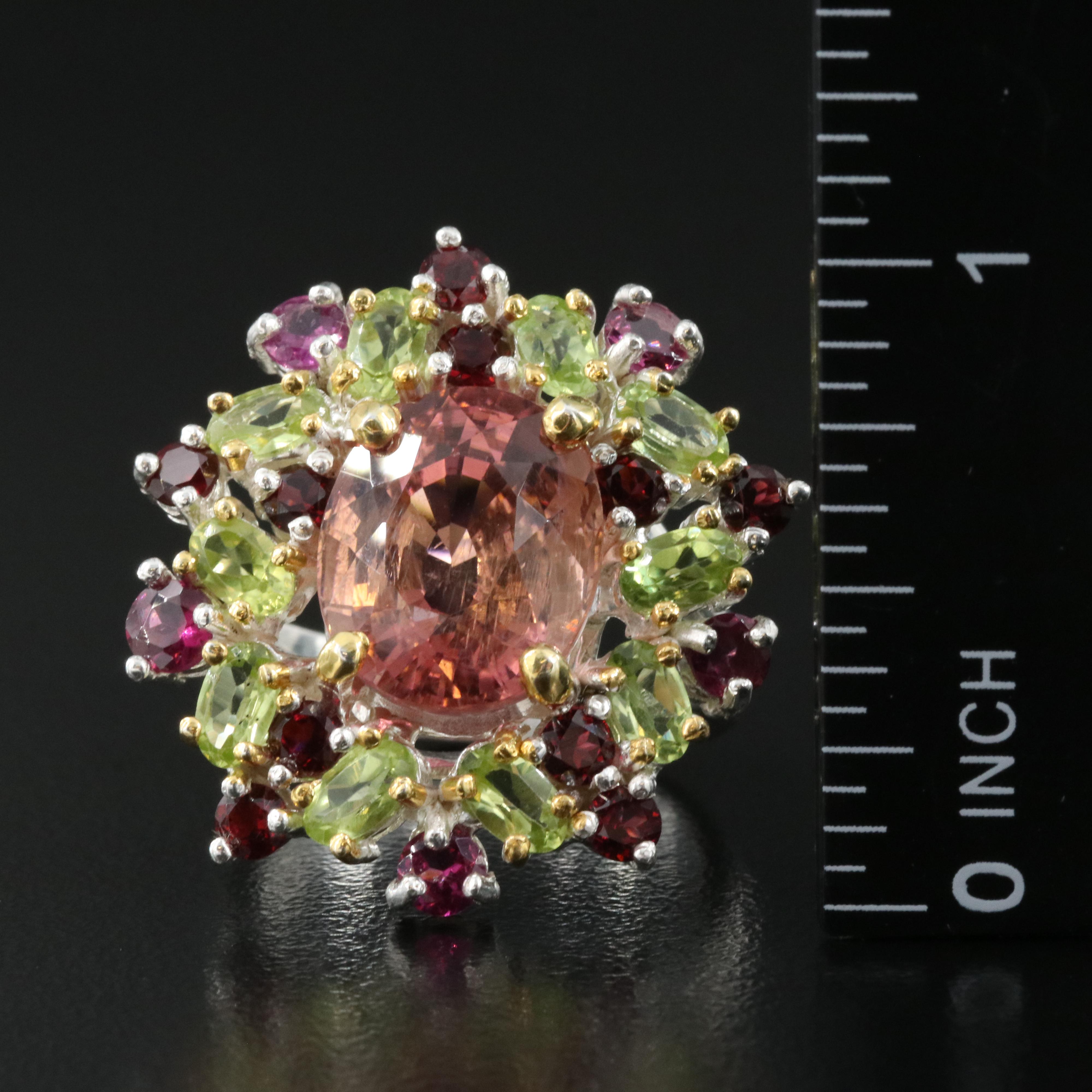 Sterling Tourmaline, Peridot and Garnet Ring