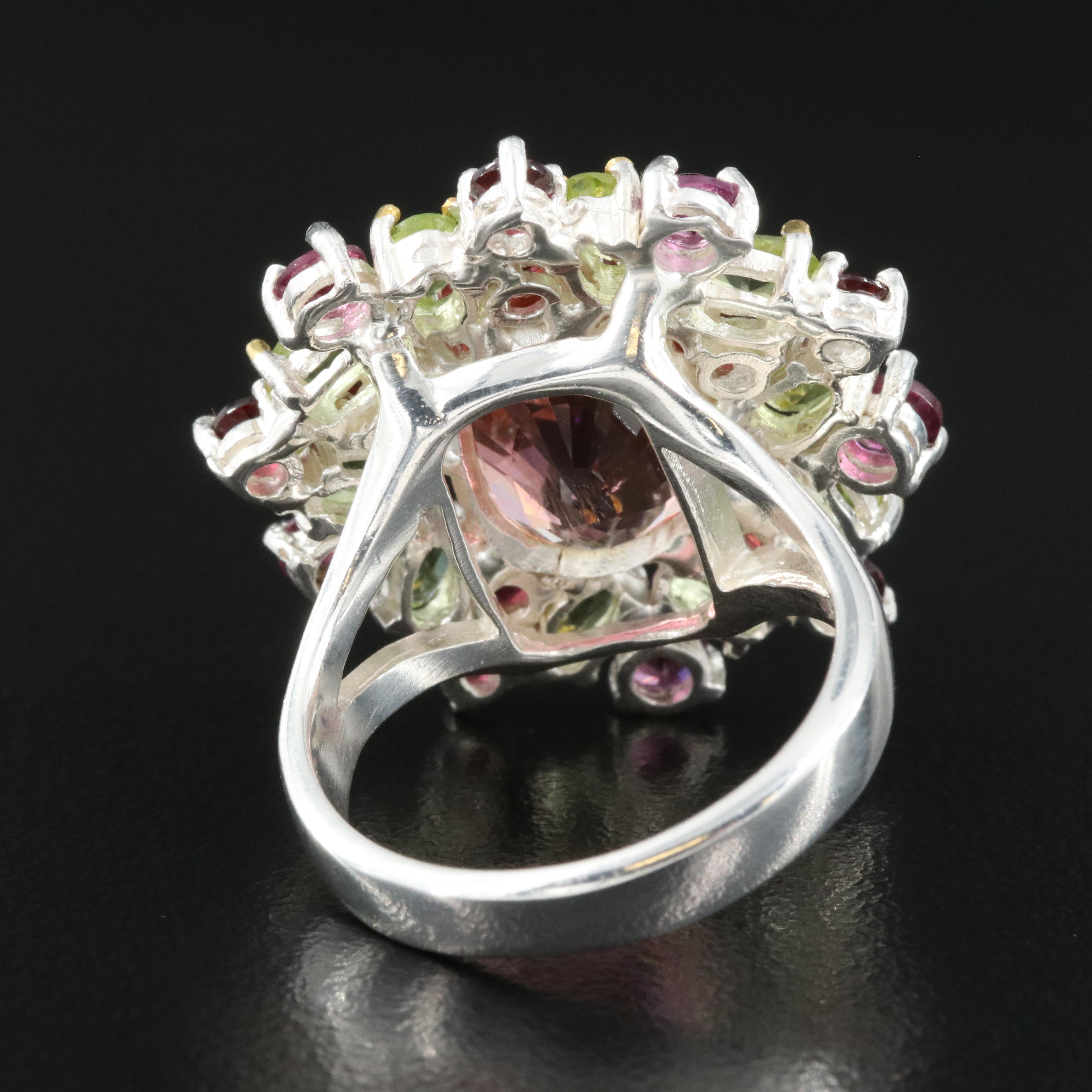 Sterling Tourmaline, Peridot and Garnet Ring