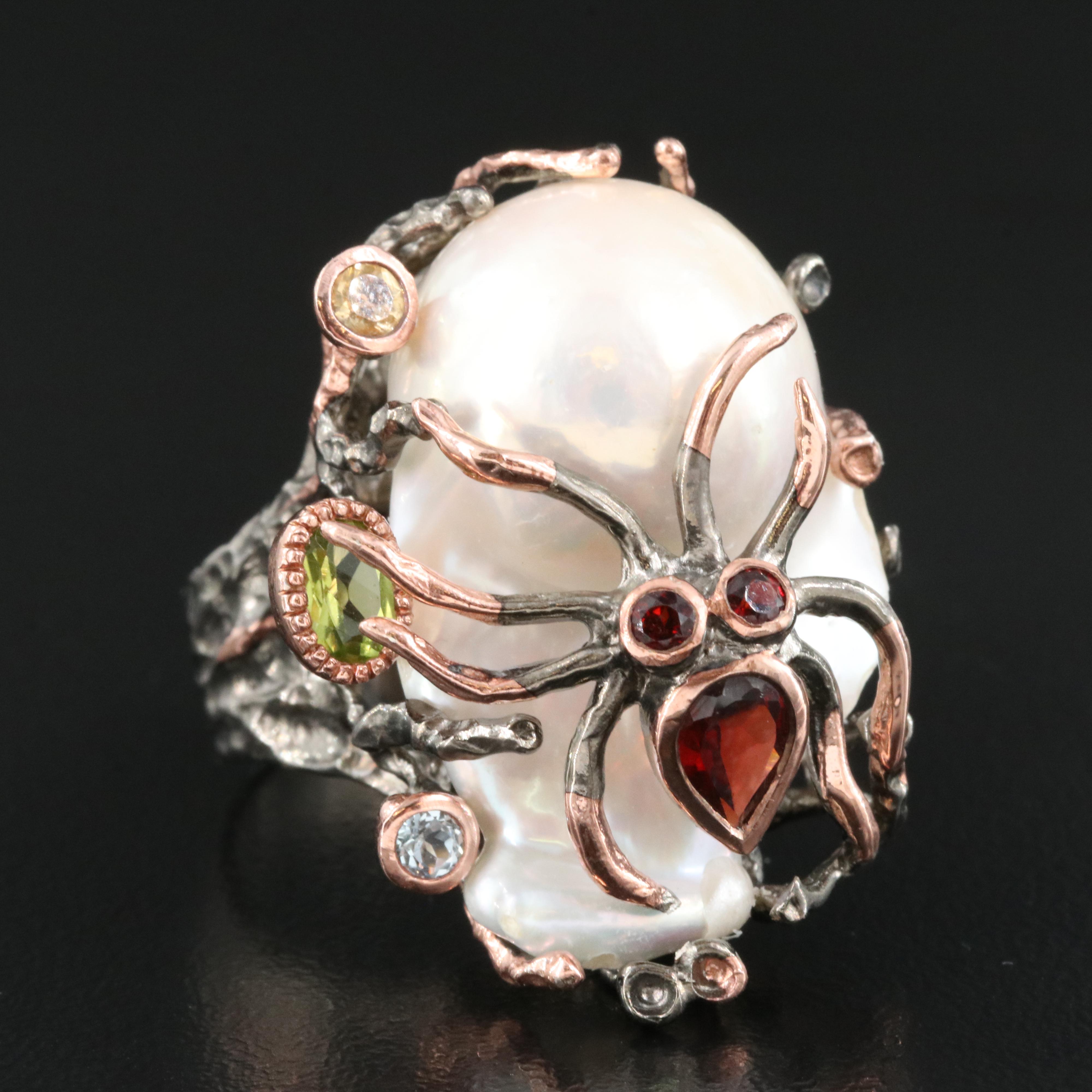 Sterling Ocean Themed Ring Including Garnet, Peridot and Pearl