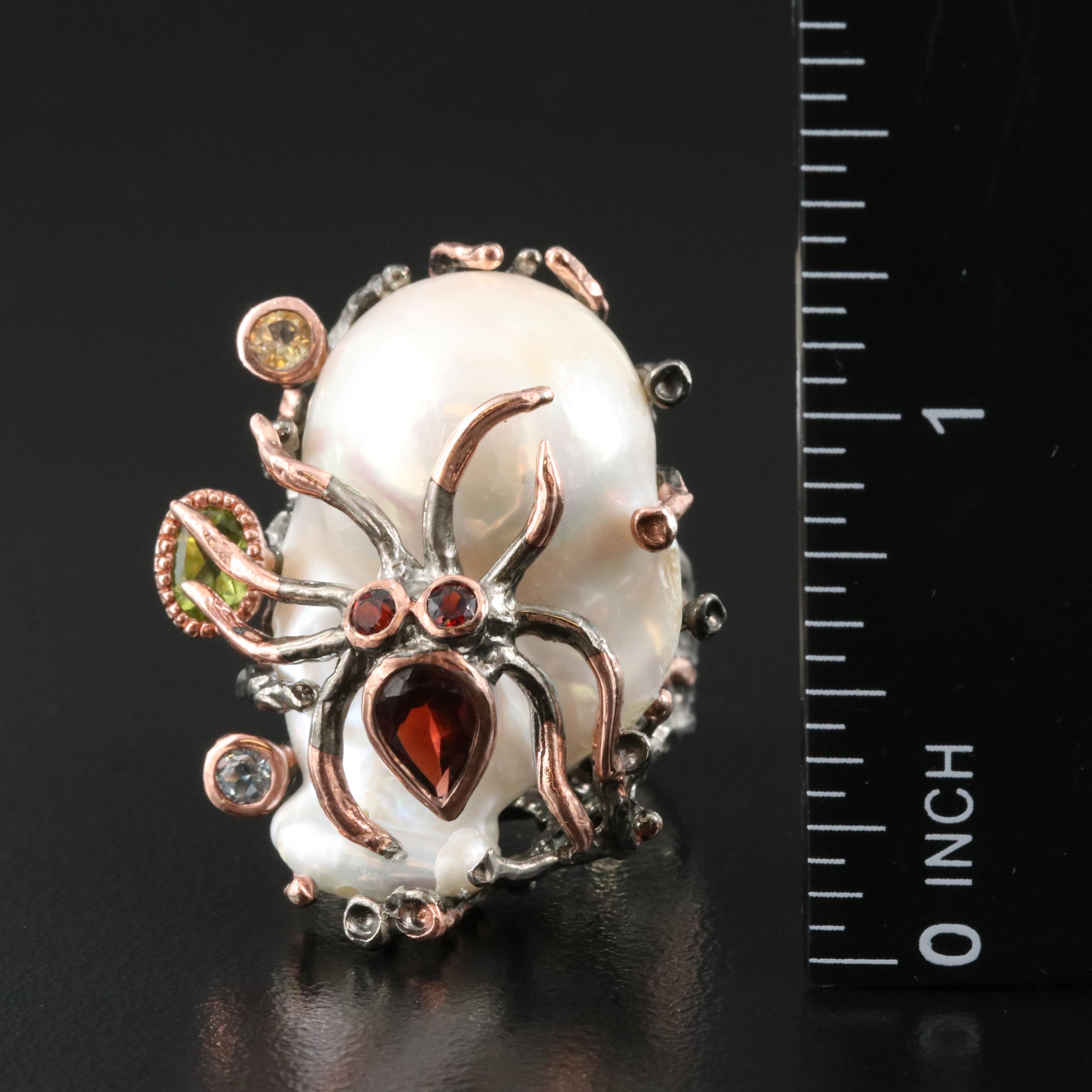 Sterling Ocean Themed Ring Including Garnet, Peridot and Pearl