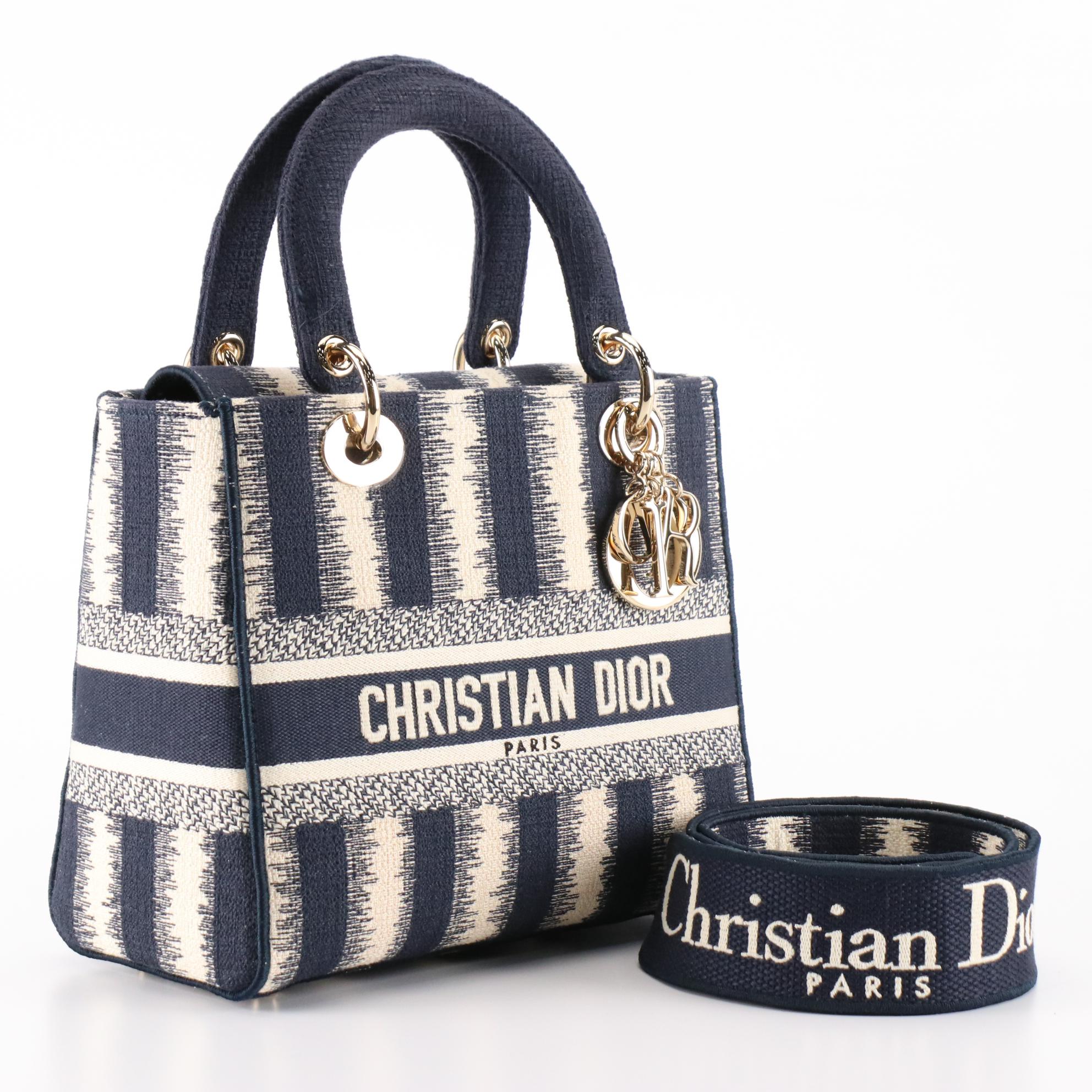 Christian Dior Lady Dior Medium Bag in D-Stripes Embroidery with Box/Gift Bag